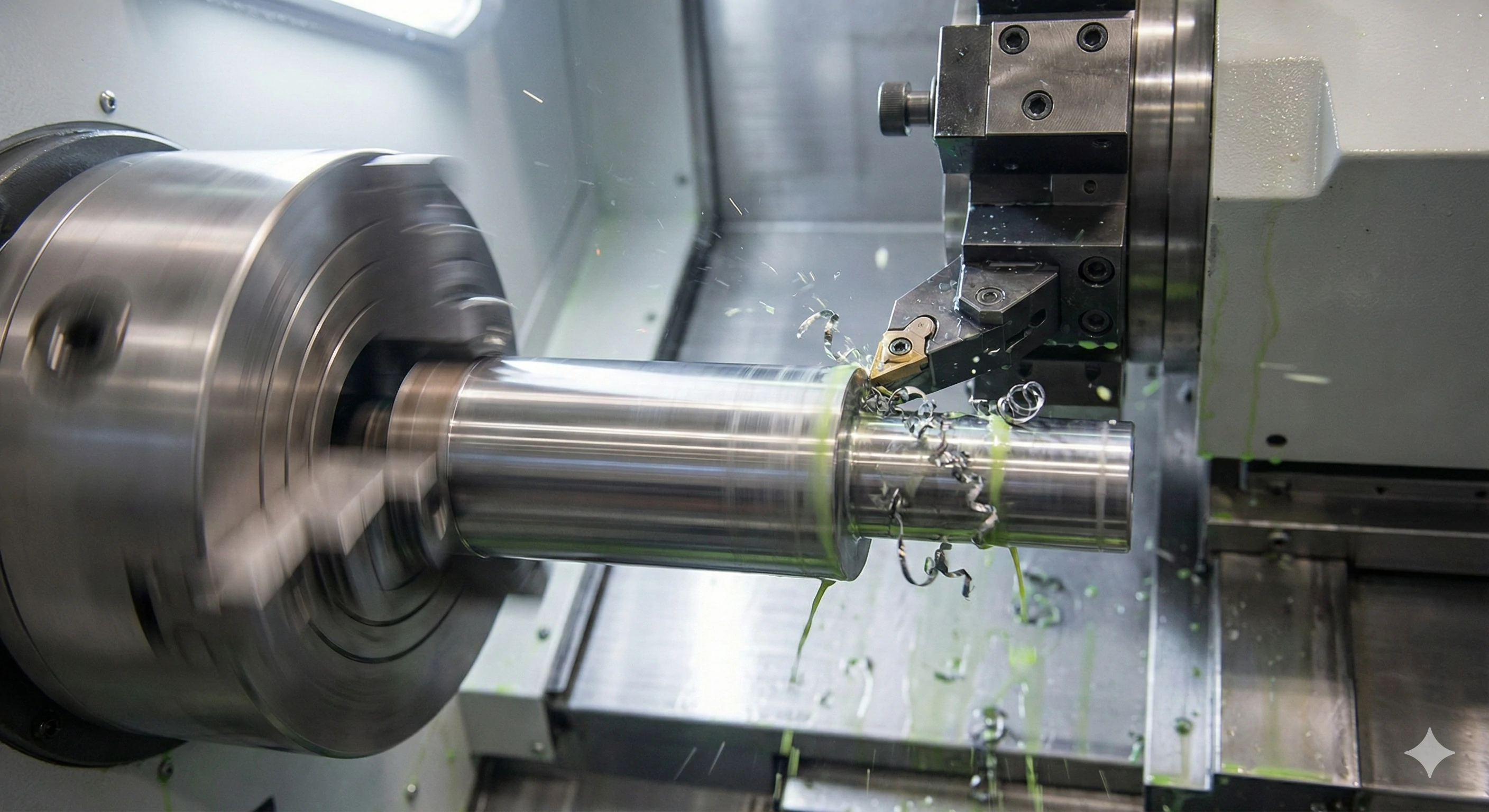 High-speed CNC lathe machining stainless steel glass hardware components.