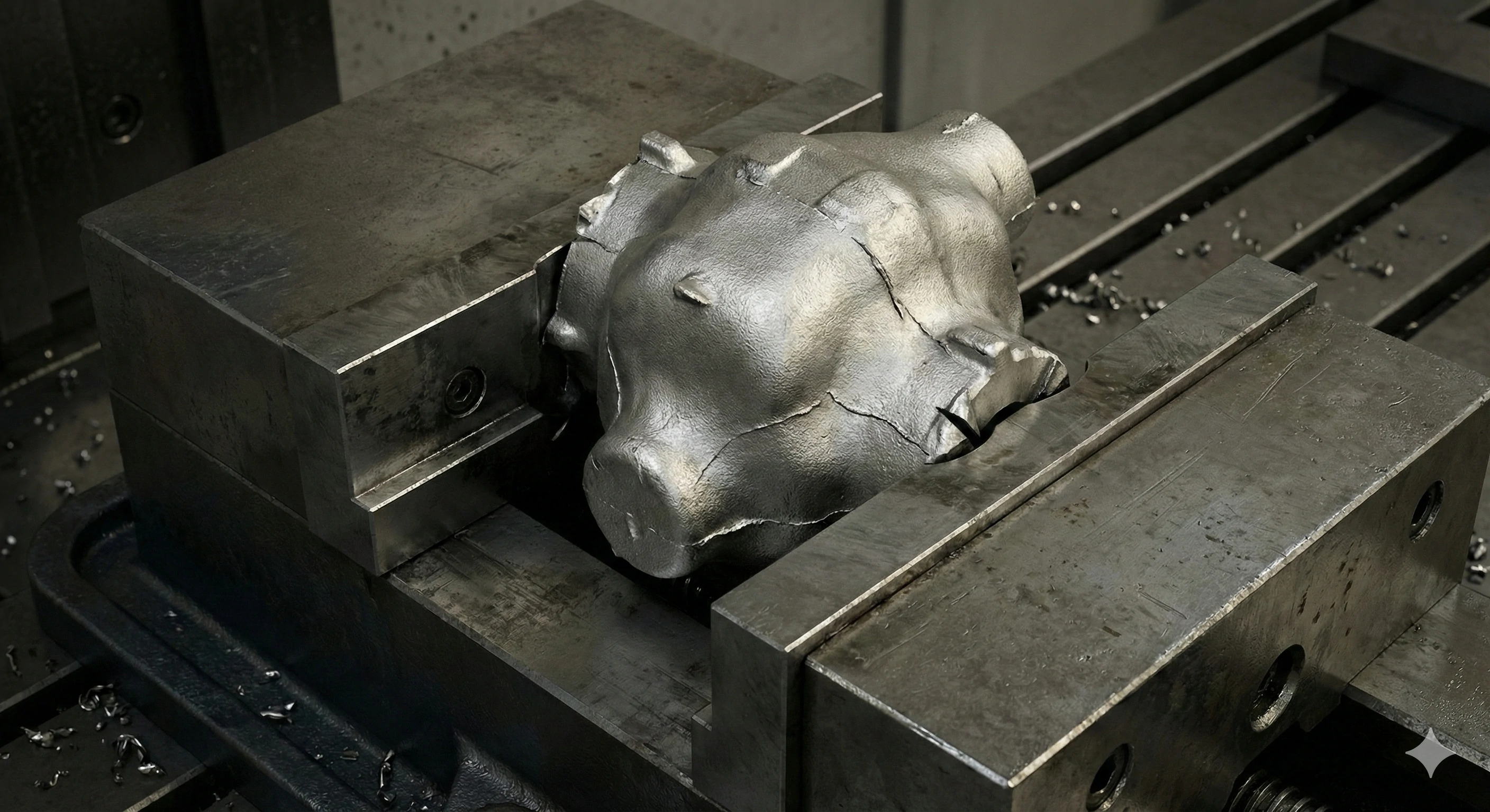 Rough metal casting clamped in vise for CNC machining