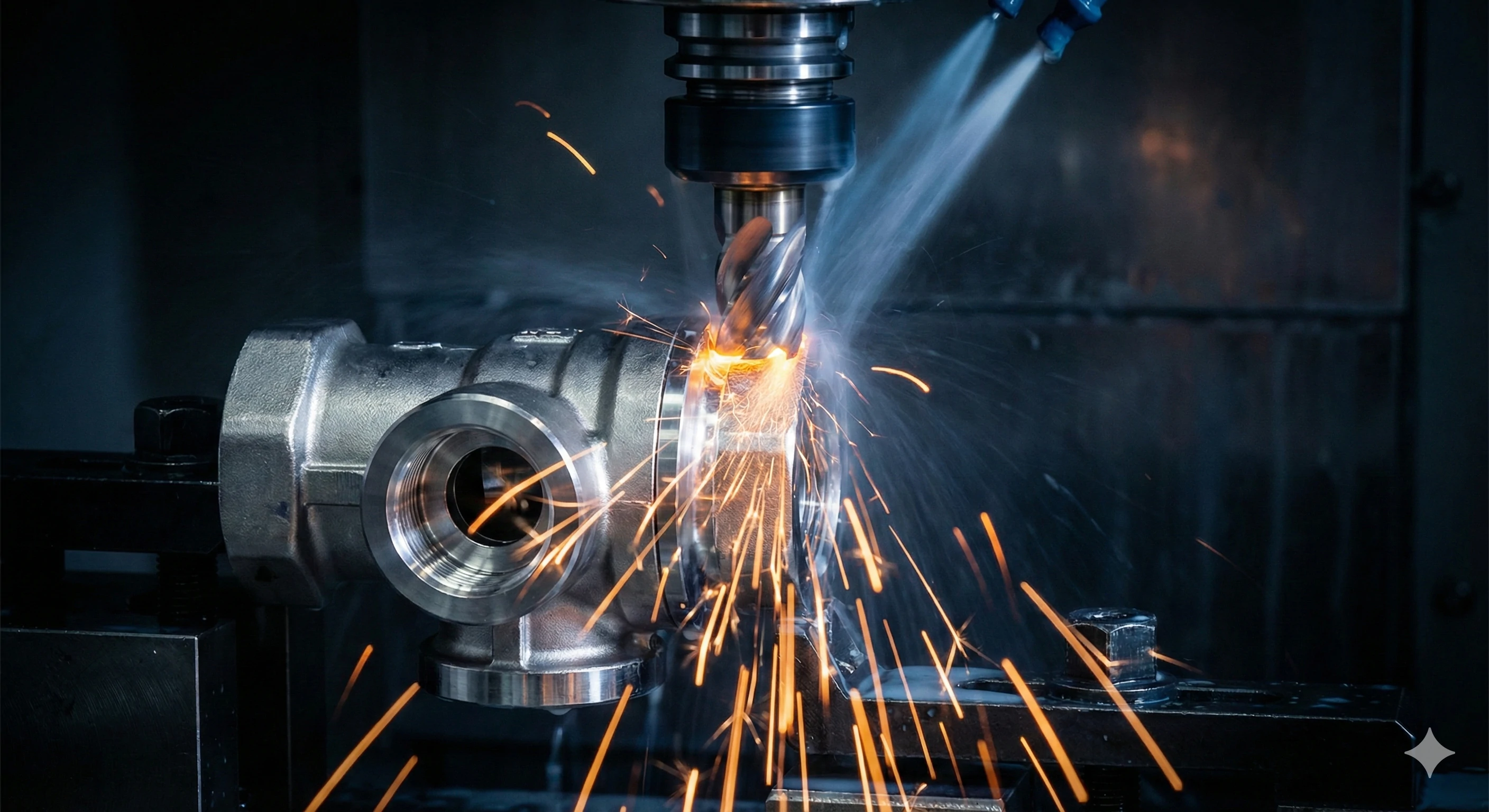 CNC milling machine cutting metal hardware components with sparks