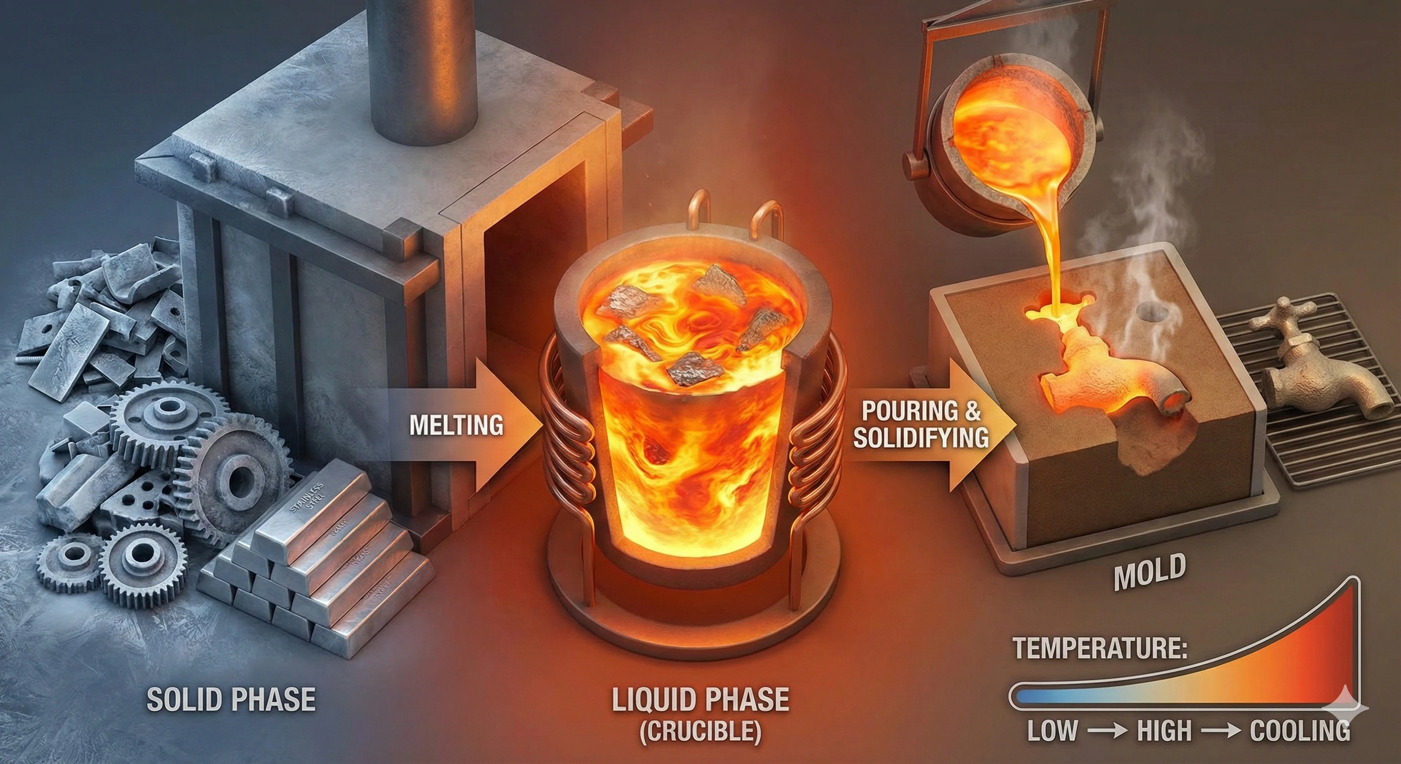 Investment casting process diagram from melting to solidification stage