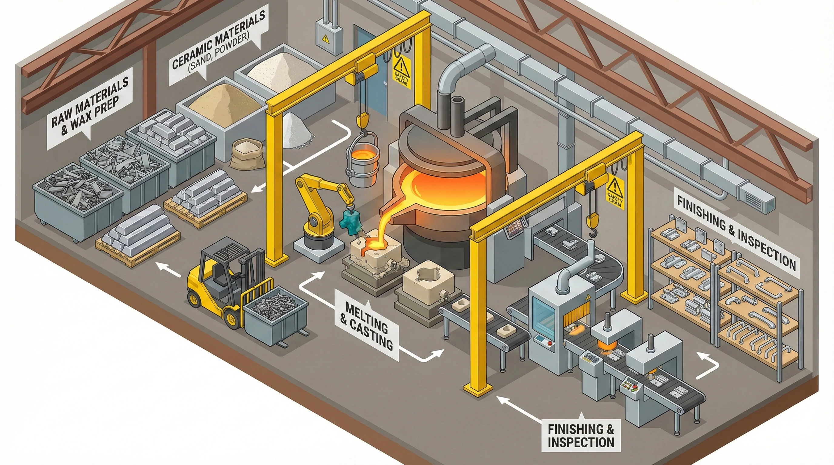 Vue isométrique d'une ligne de production de moulage à la cire perdue en acier inoxydable
