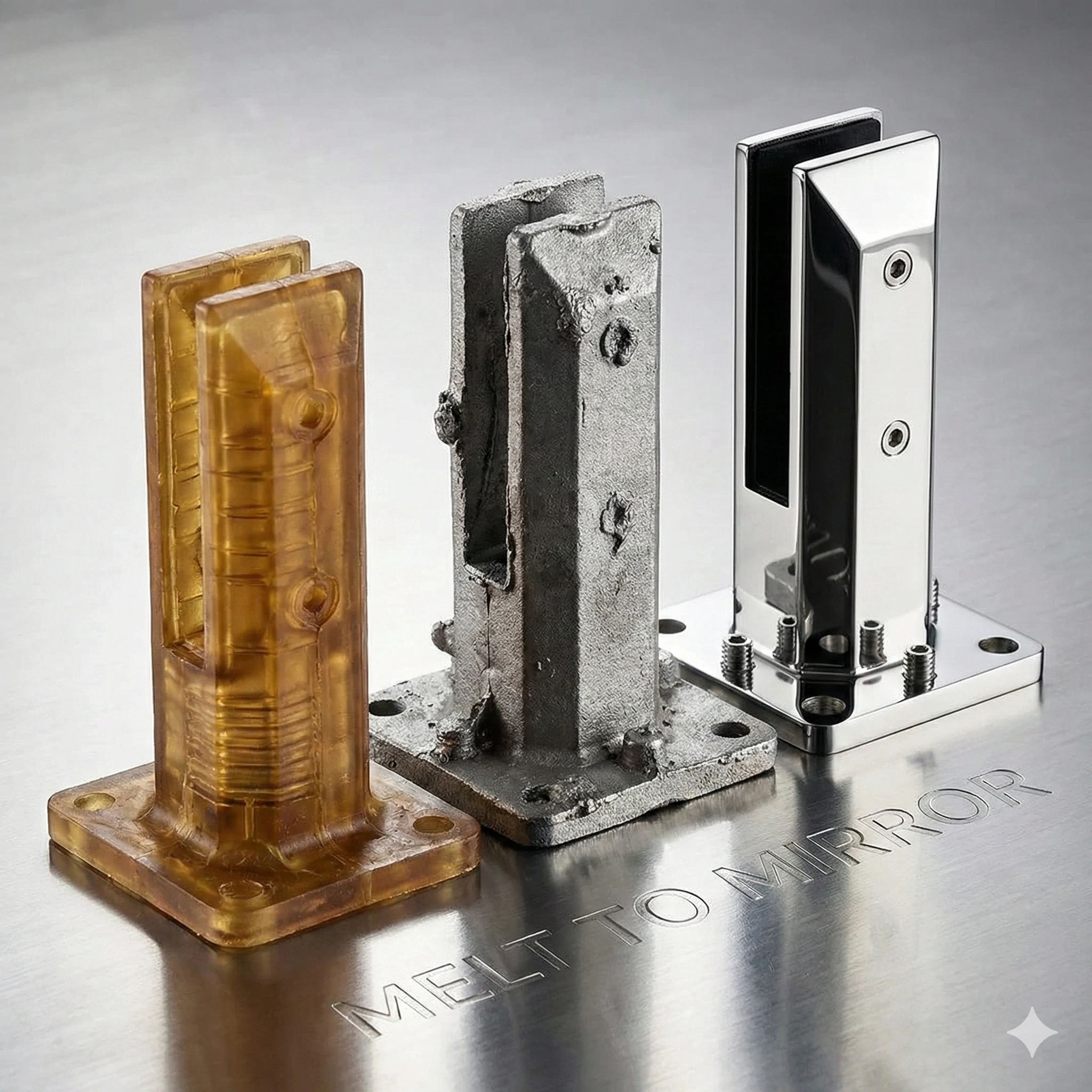 Glass spigot investment casting stages from wax to polished finish.