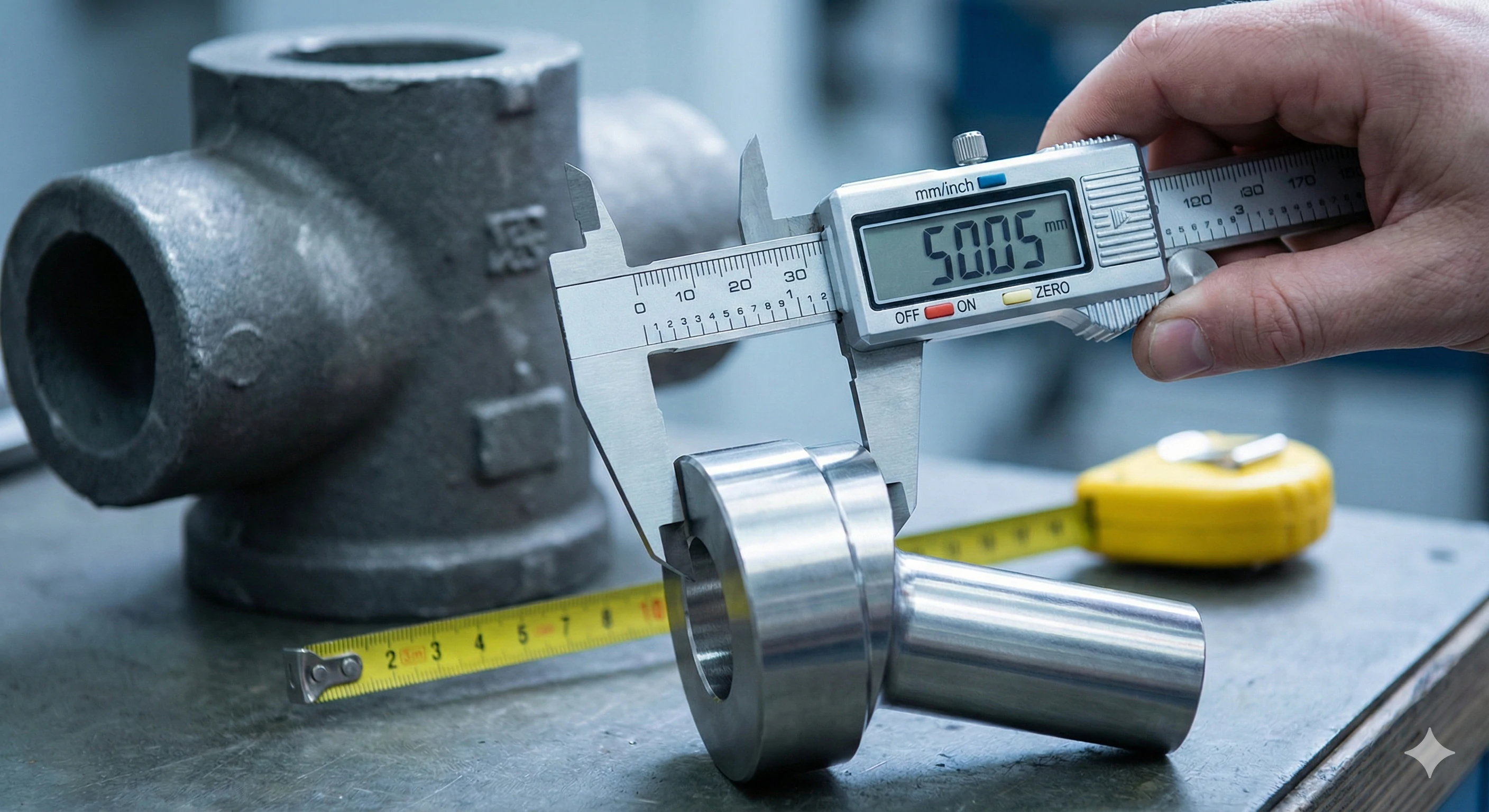 Technician measuring stainless steel casting dimensions with digital calipers for quality control