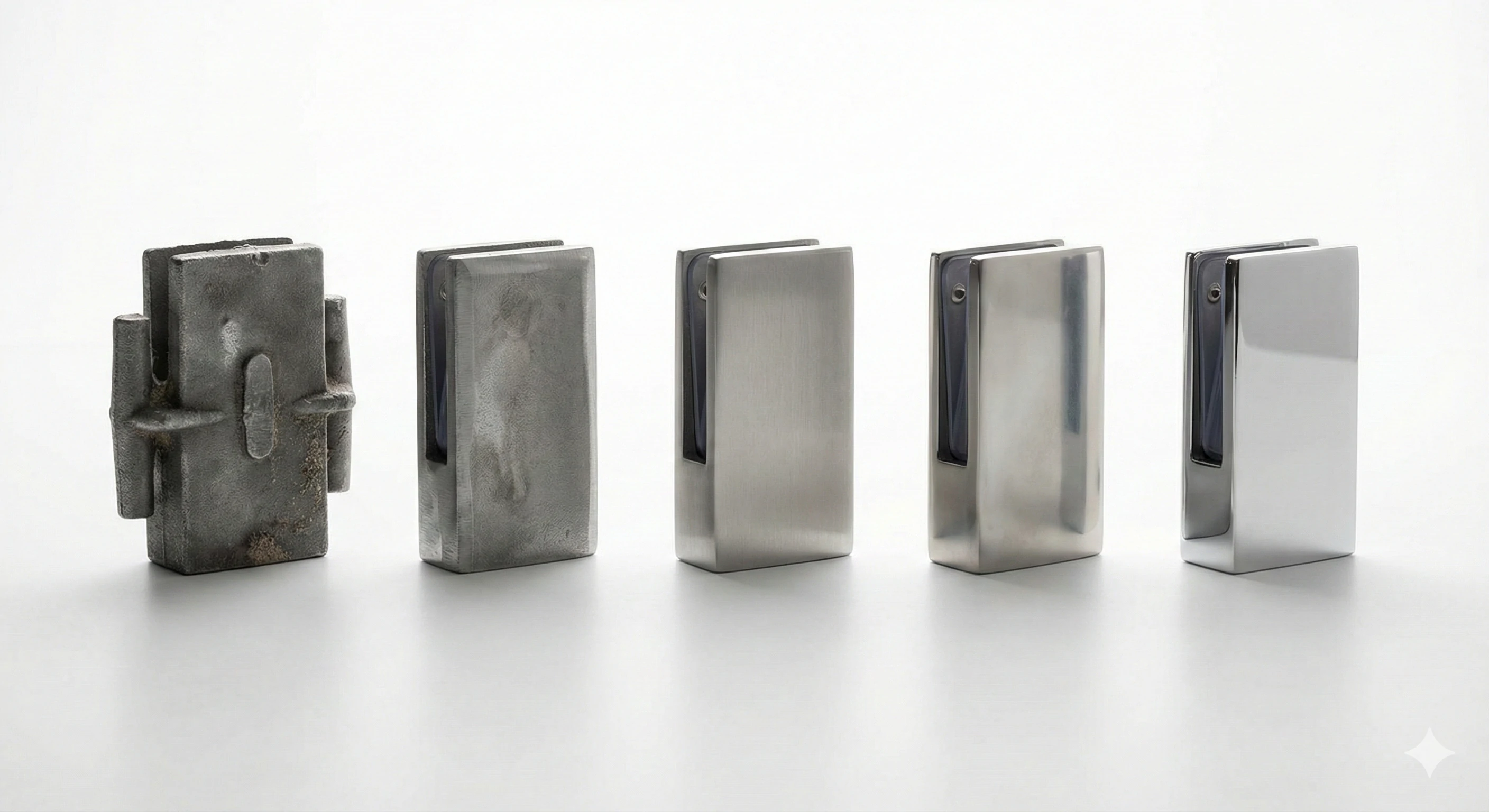 Stainless steel glass hinge production stages from raw casting to polishing.