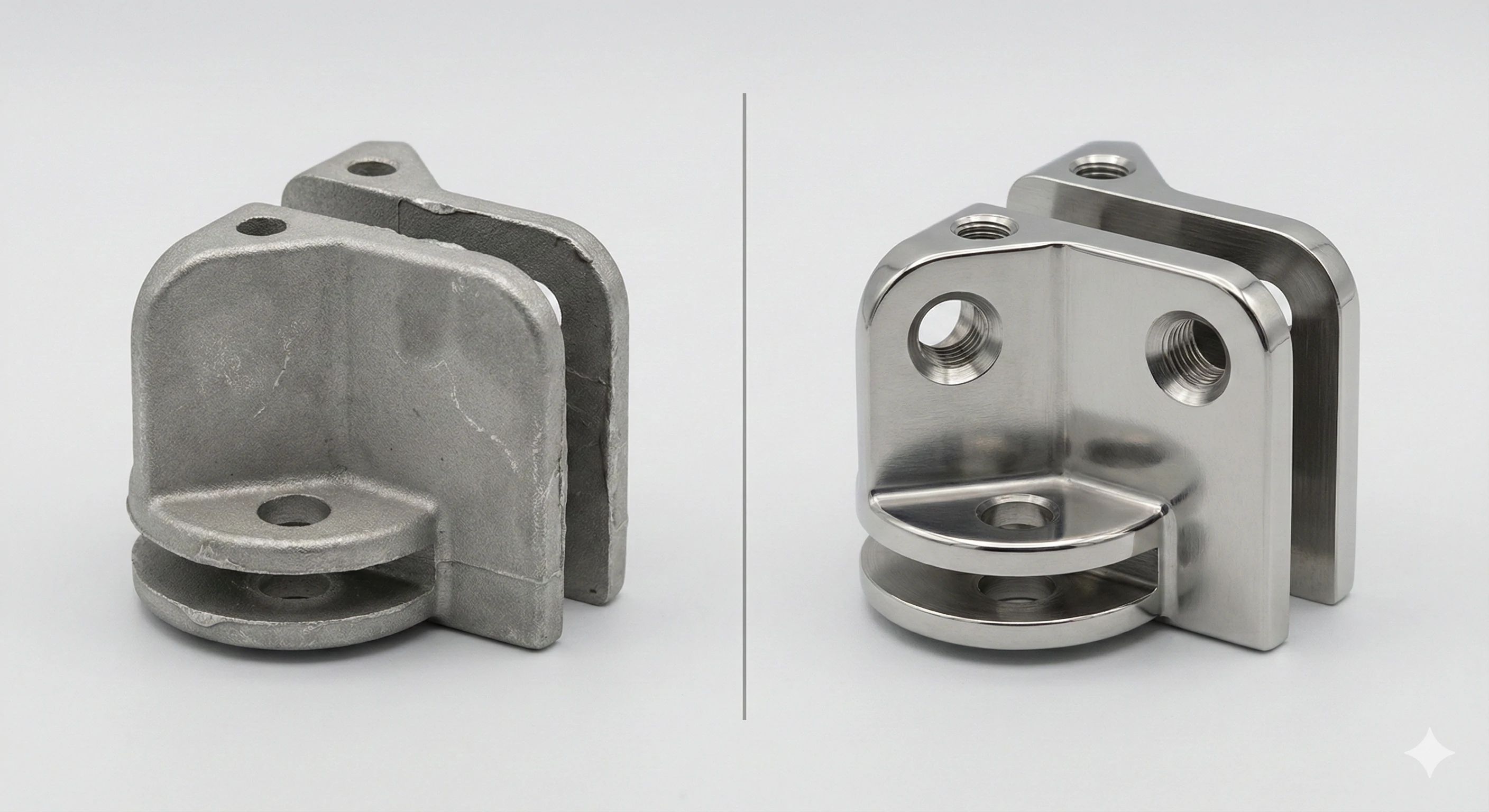 Raw casting versus polished stainless steel glass clamp comparison.