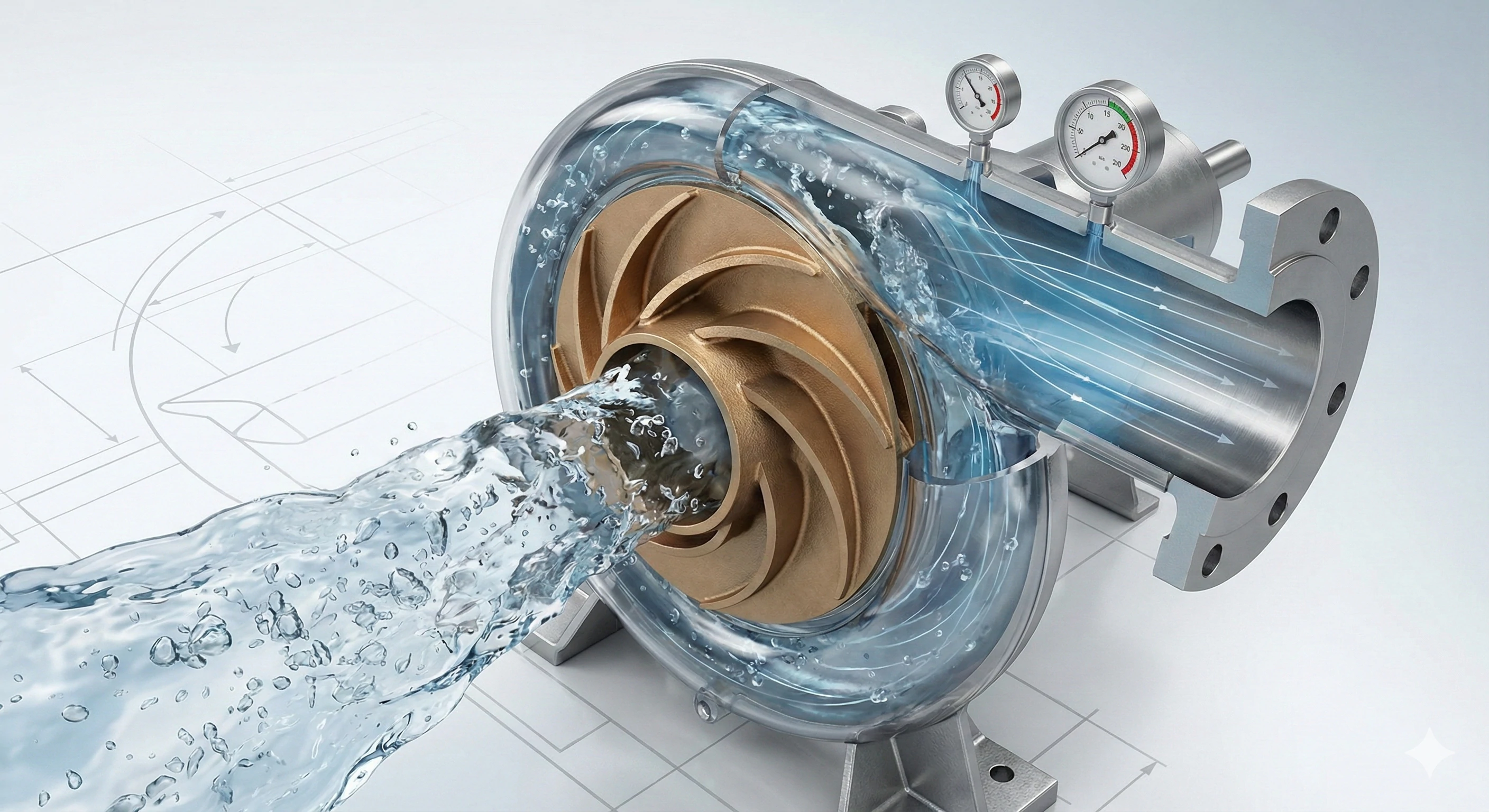 Vue en coupe d'une pompe centrifuge montrant le mécanisme interne de la roue