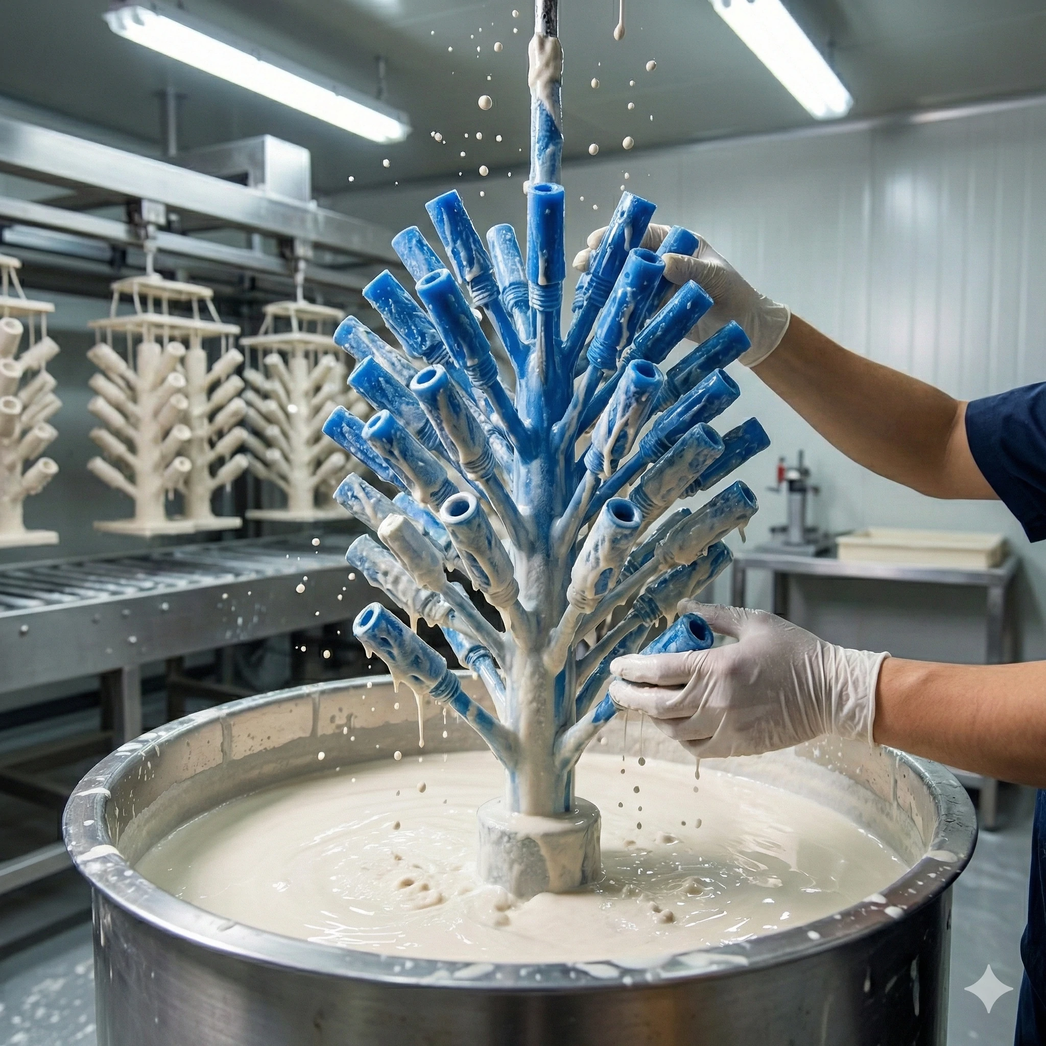 Dipping wax tree into ceramic slurry for investment casting shell creation