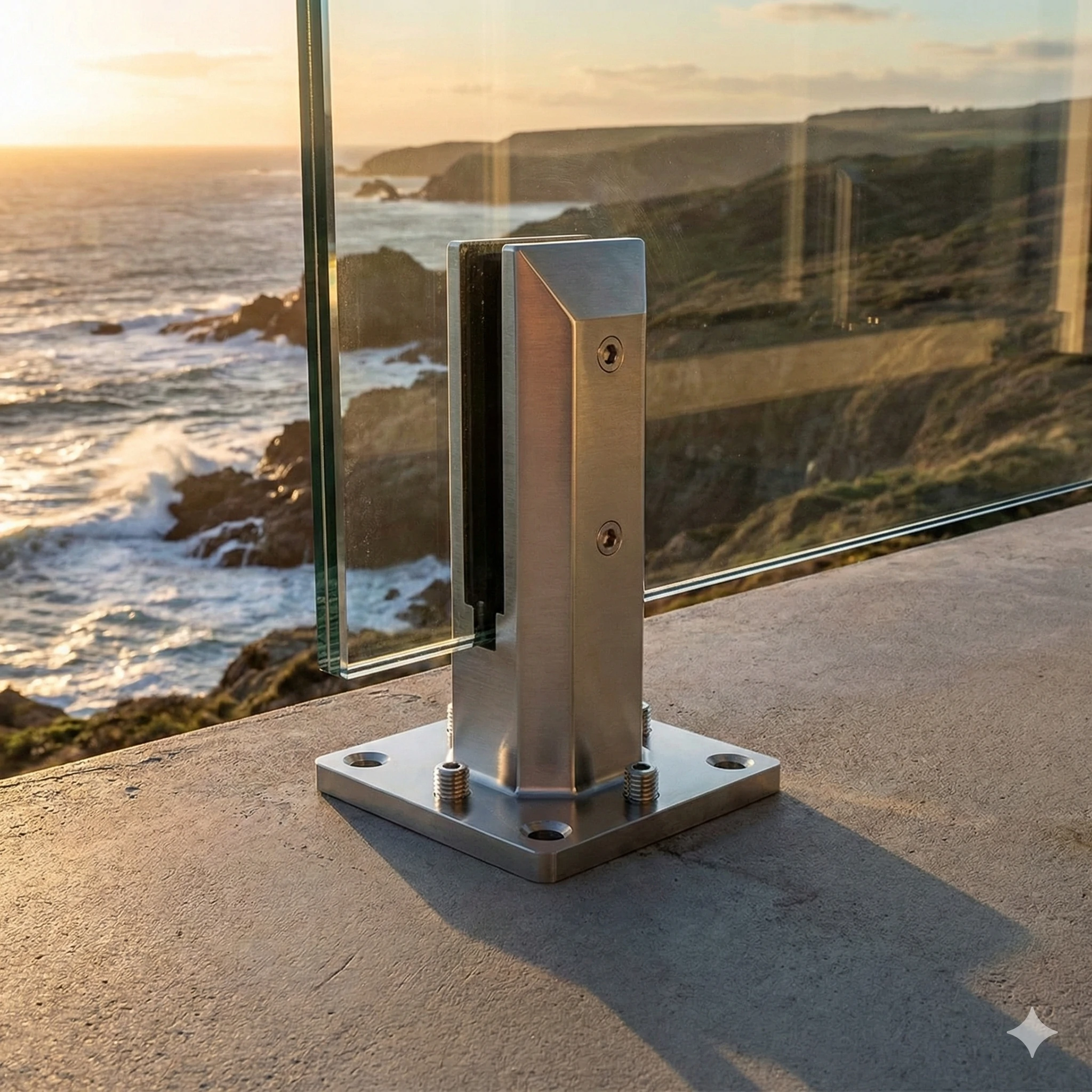Durable stainless steel glass railing spigot installed on coastal balcony