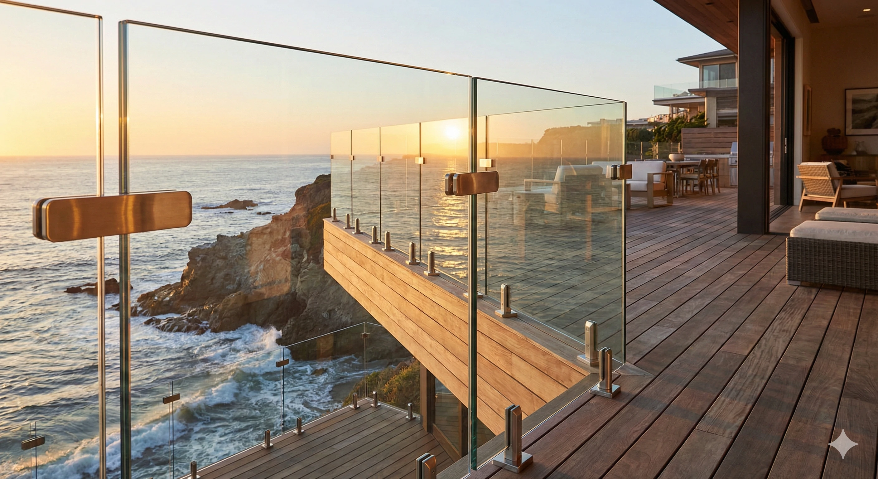 Balcon face à l'océan avec système de garde-corps en verre sans cadre