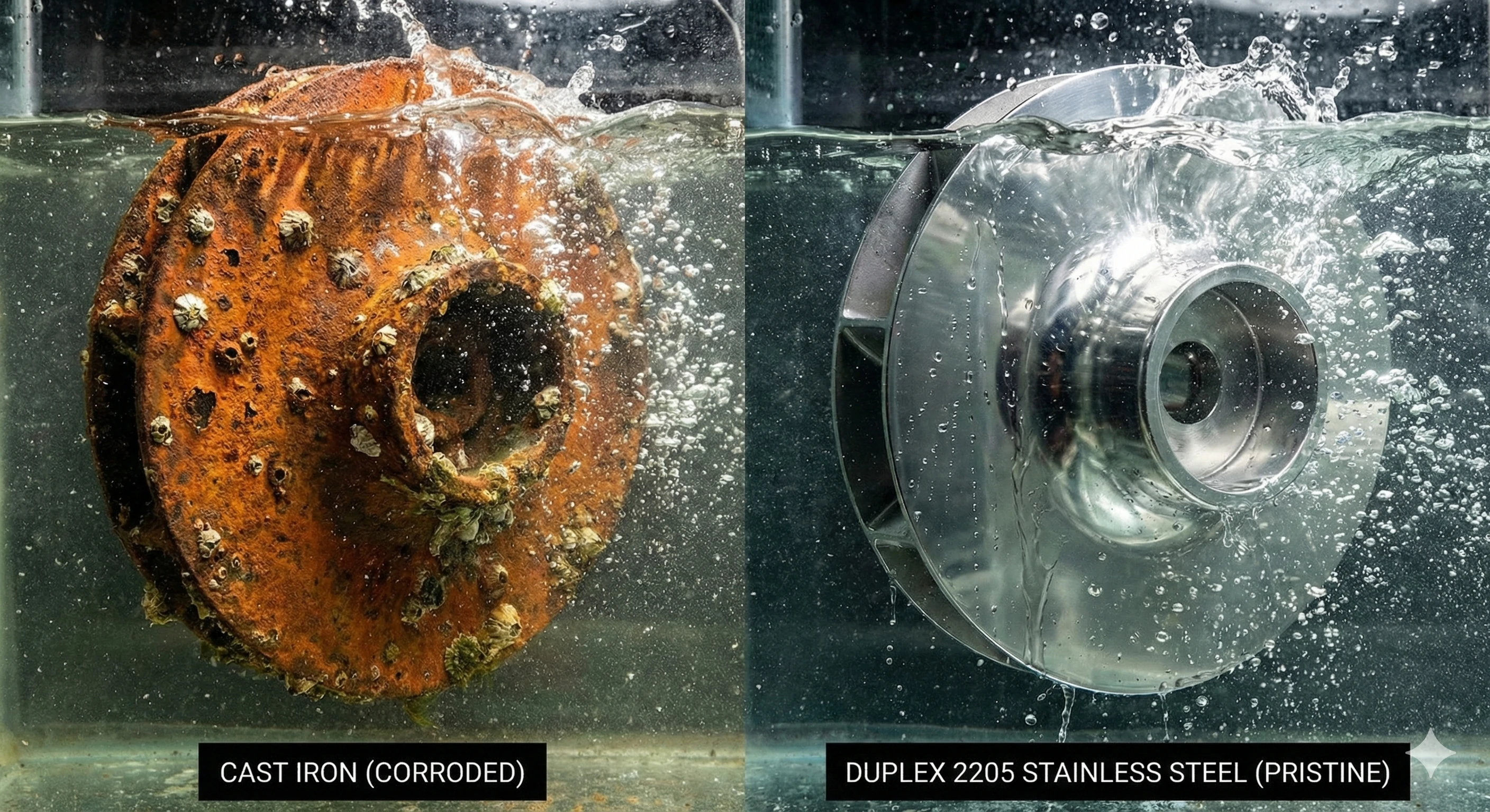 Comparison of corroded cast iron versus pristine Duplex 2205 stainless steel in water.