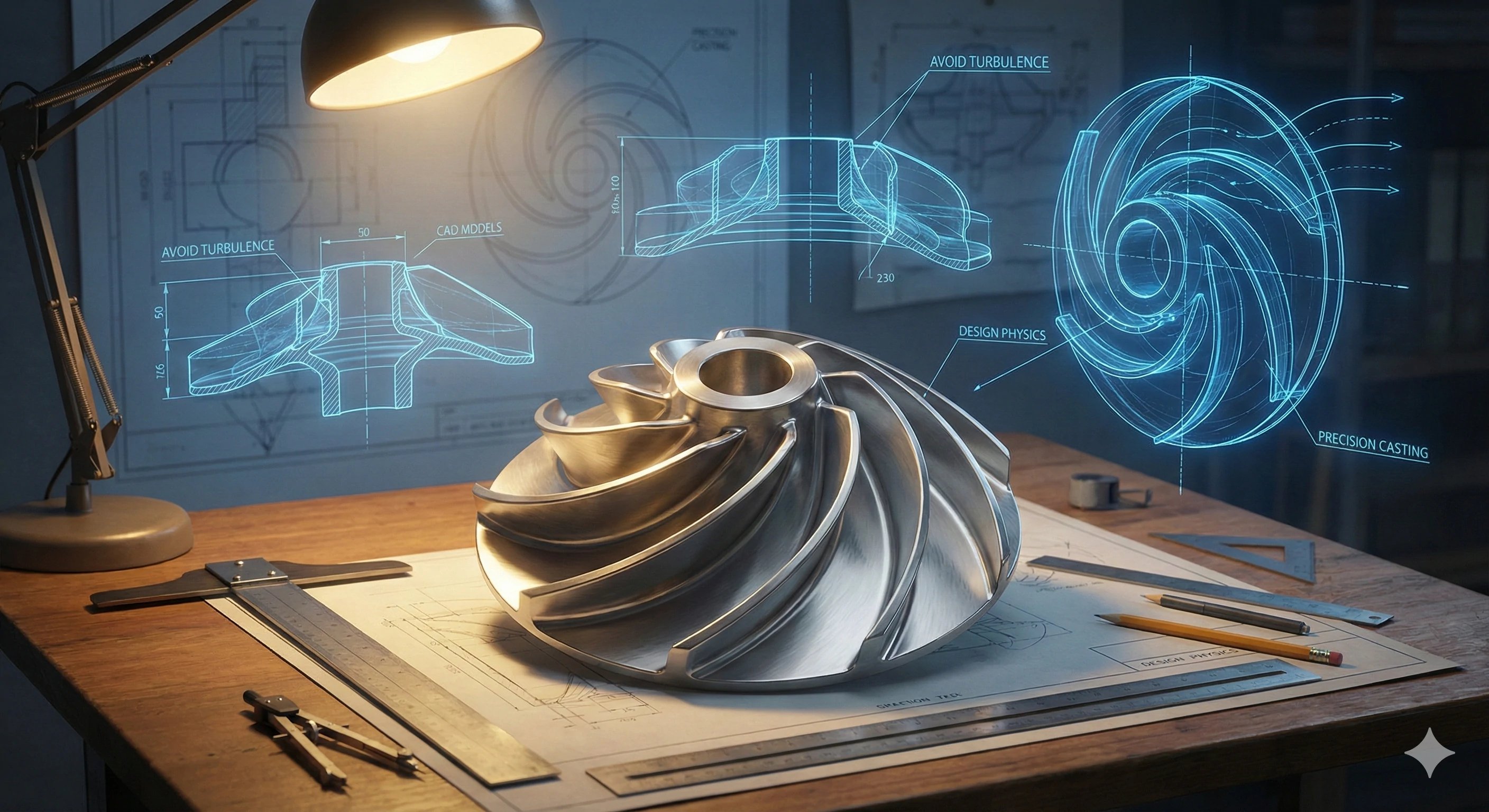 Engineering blueprints and machined stainless steel impeller part