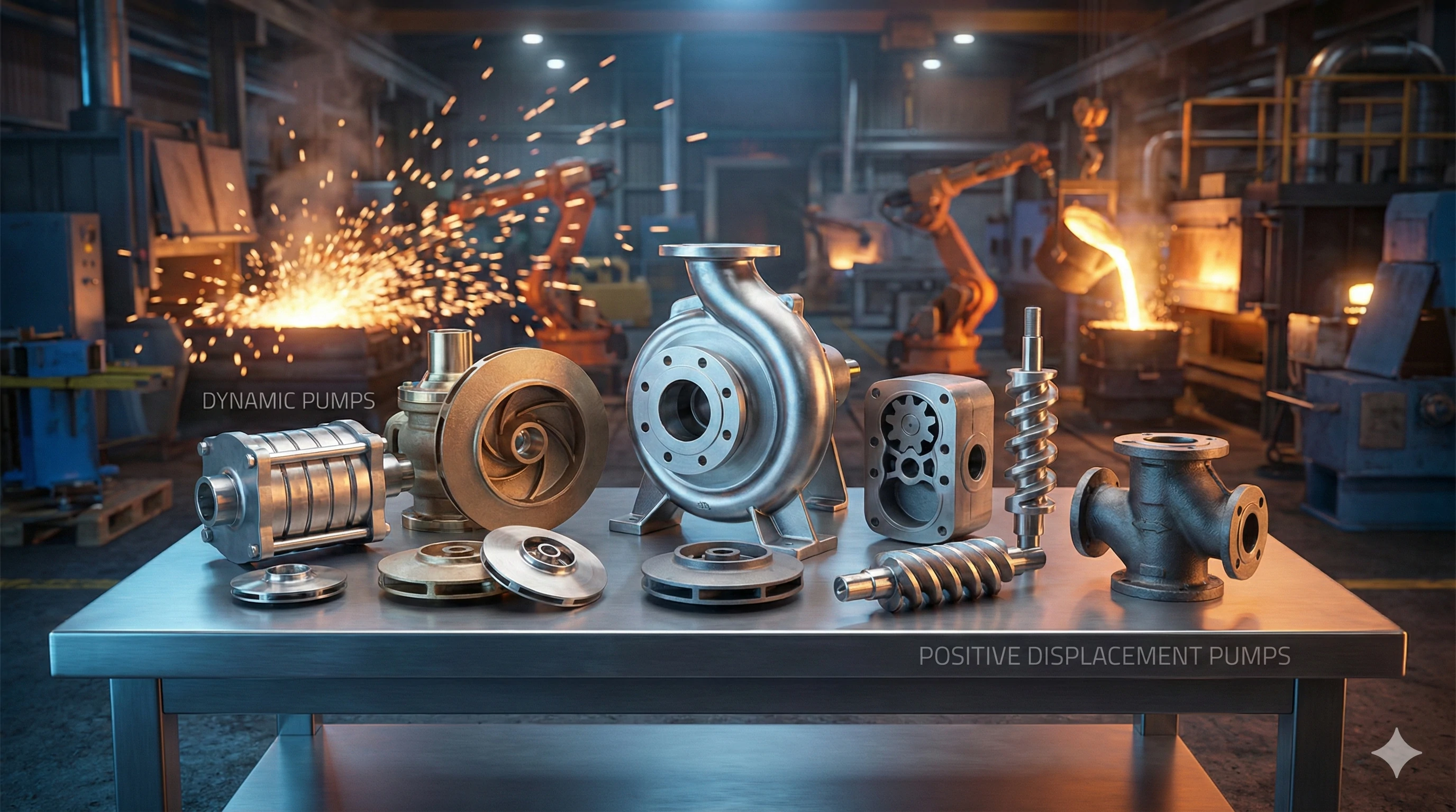 Industrial pumps and investment casting impellers display in foundry