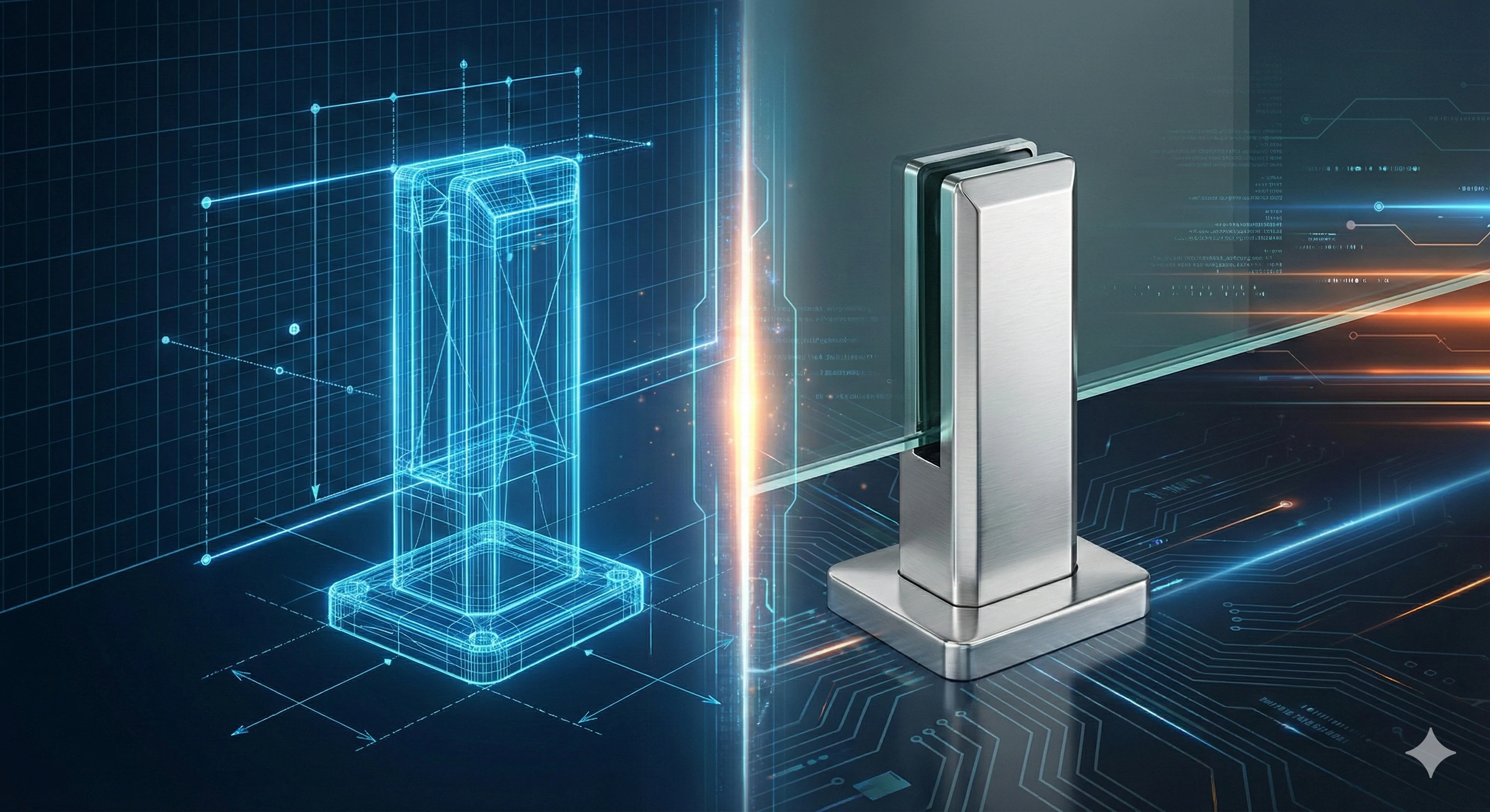 Technical CAD blueprint versus finished stainless steel glass spigot