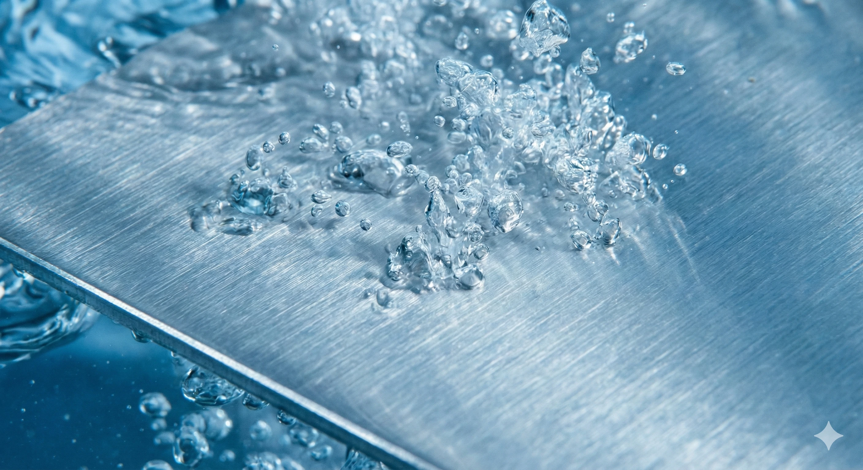 Close-up of bubbles on a durable stainless steel surface underwater, showing material quality.