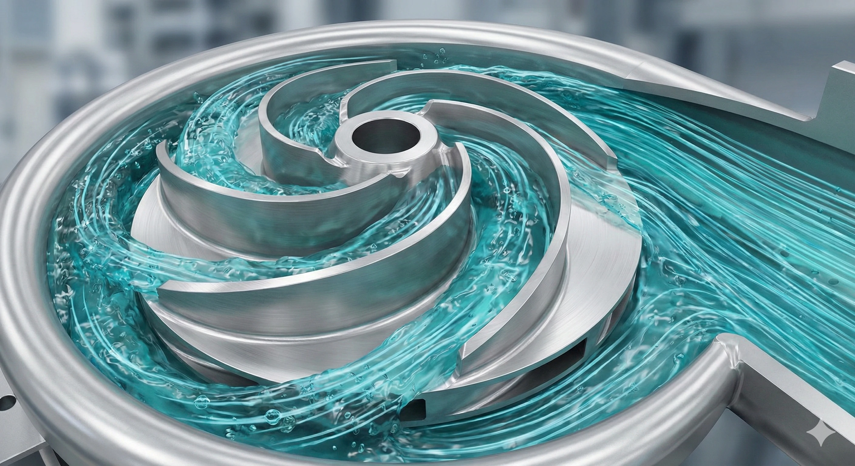 Stainless steel centrifugal pump impeller with water flow simulation