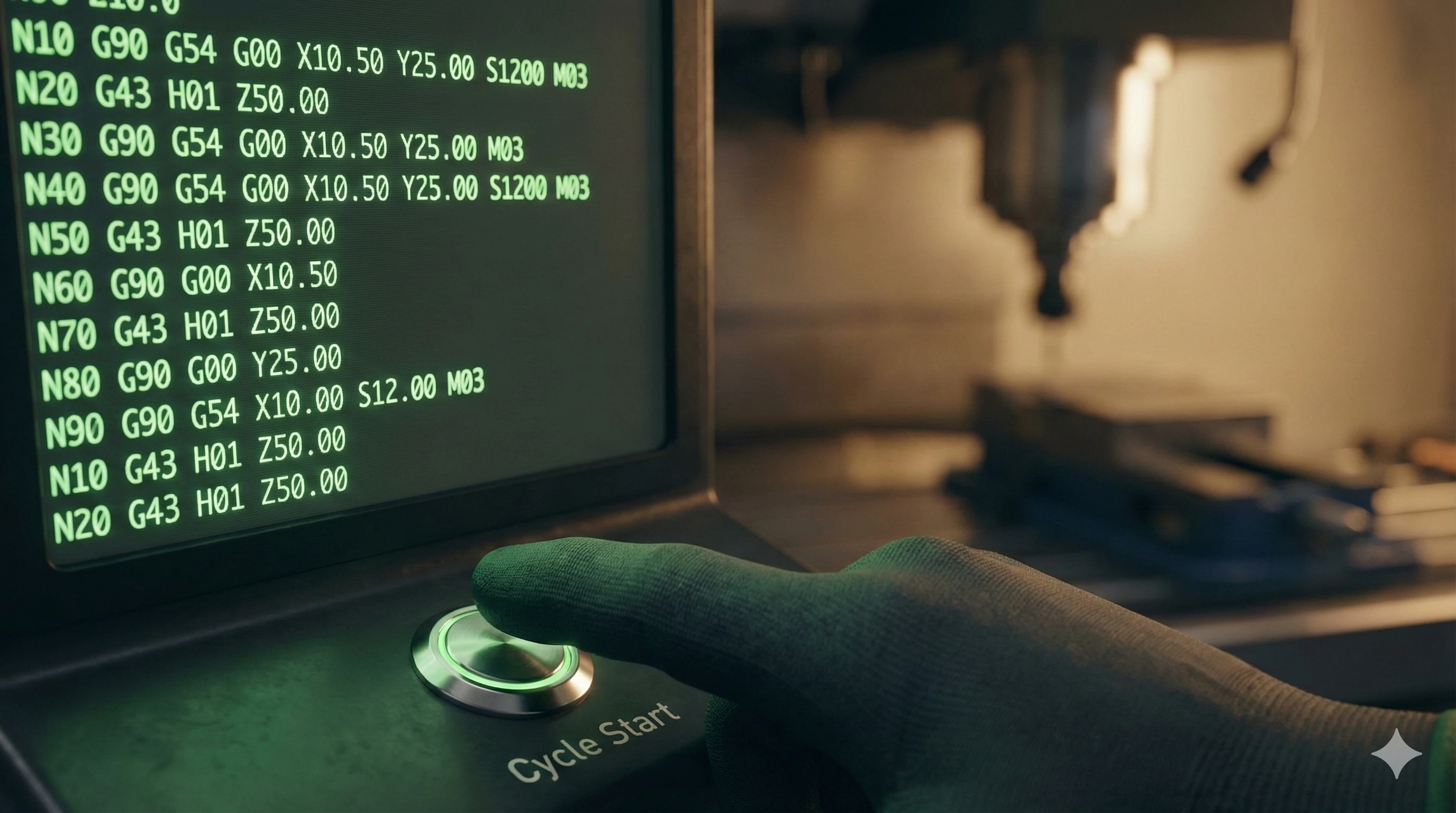 Operator starting CNC production cycle for glass shower hardware