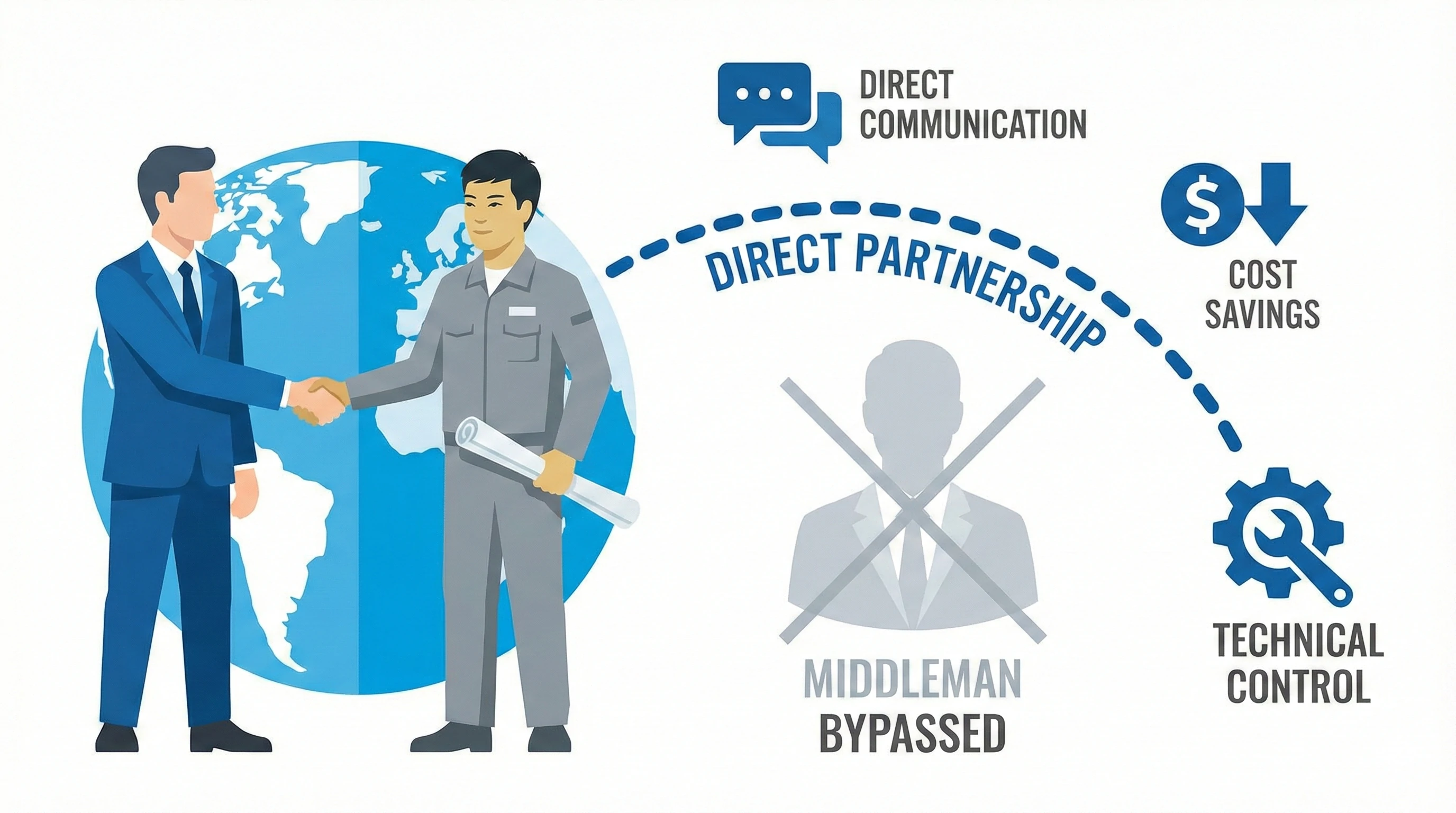 Illustration d'un partenariat direct avec l'usine montrant les économies réalisées et la communication