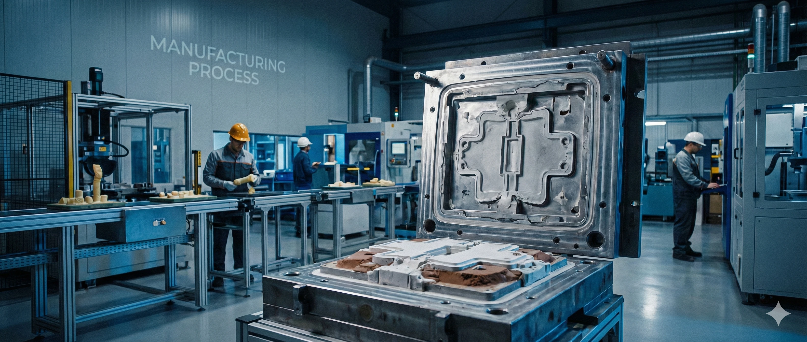 Procédé de fabrication en usine de quincaillerie pour vitrage à l'aide de moules de précision