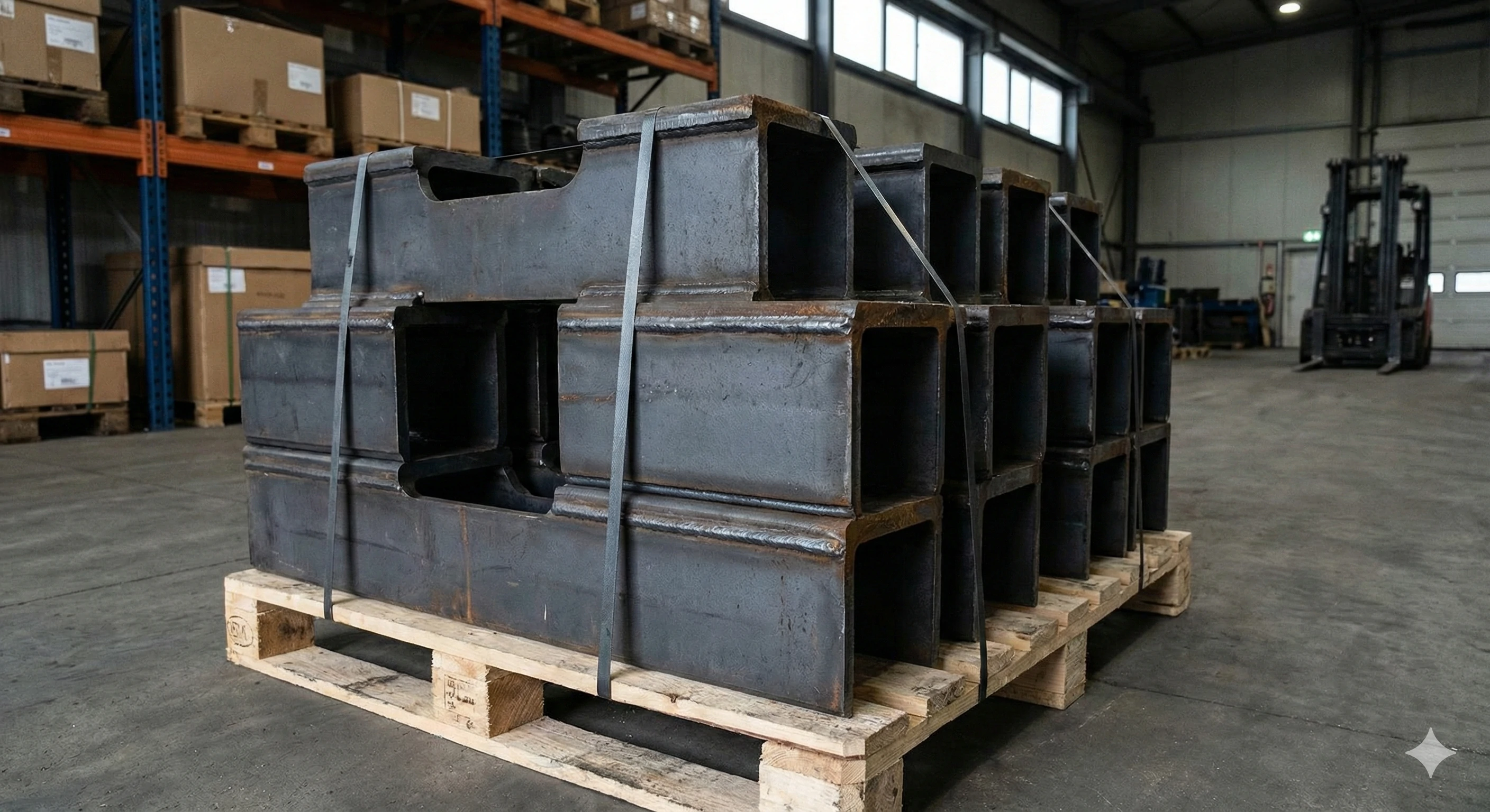Large heavy-duty metal casting components stacked in warehouse