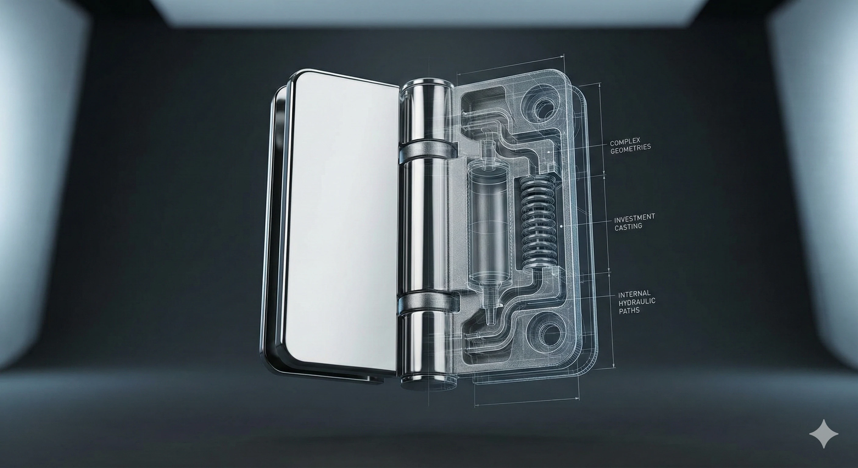 Vue du mécanisme hydraulique interne d'une charnière de porte de douche en verre à fermeture douce