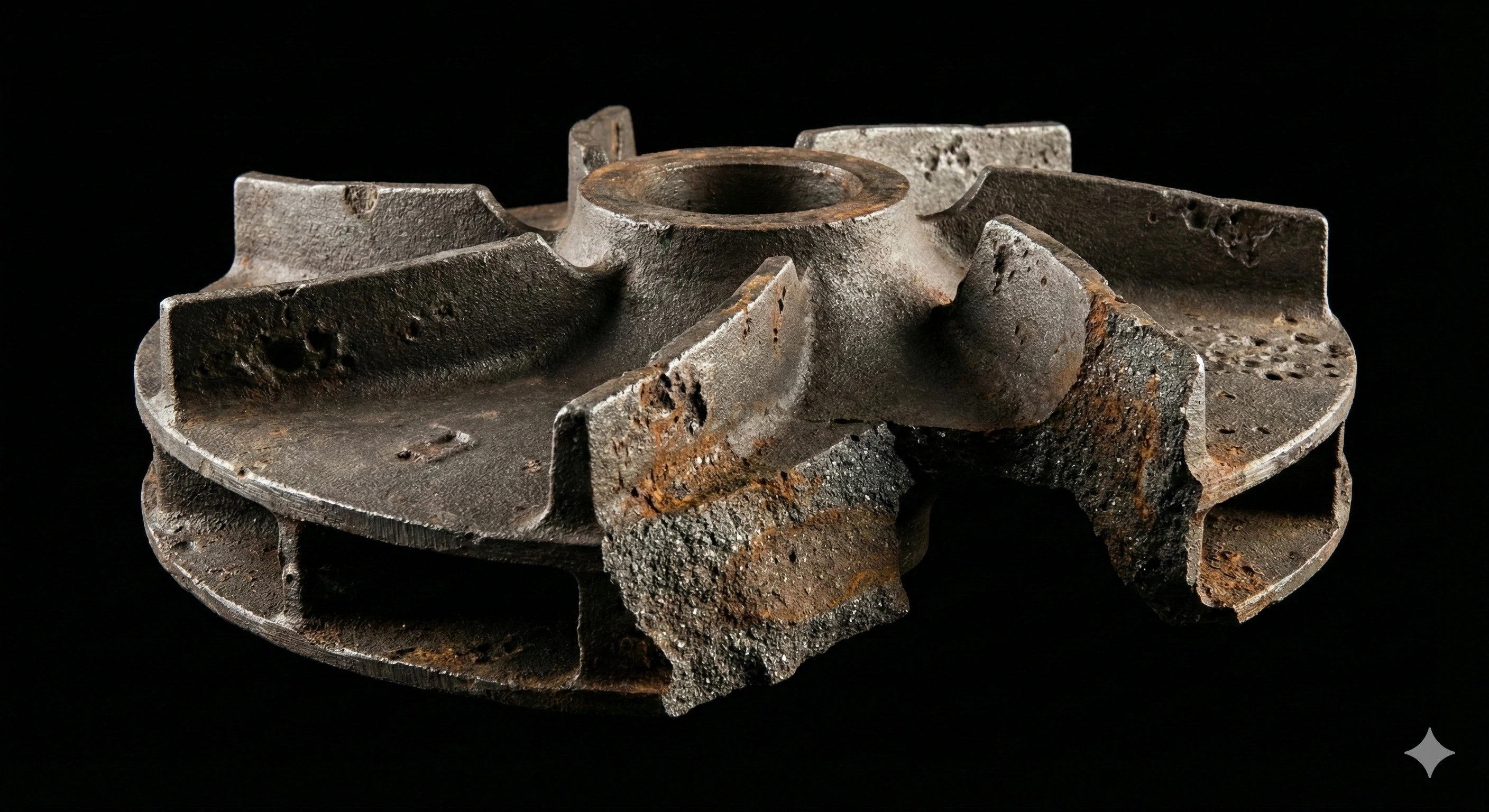 Turbine moulée sous pression corrodée présentant une cavitation importante et une défaillance structurelle