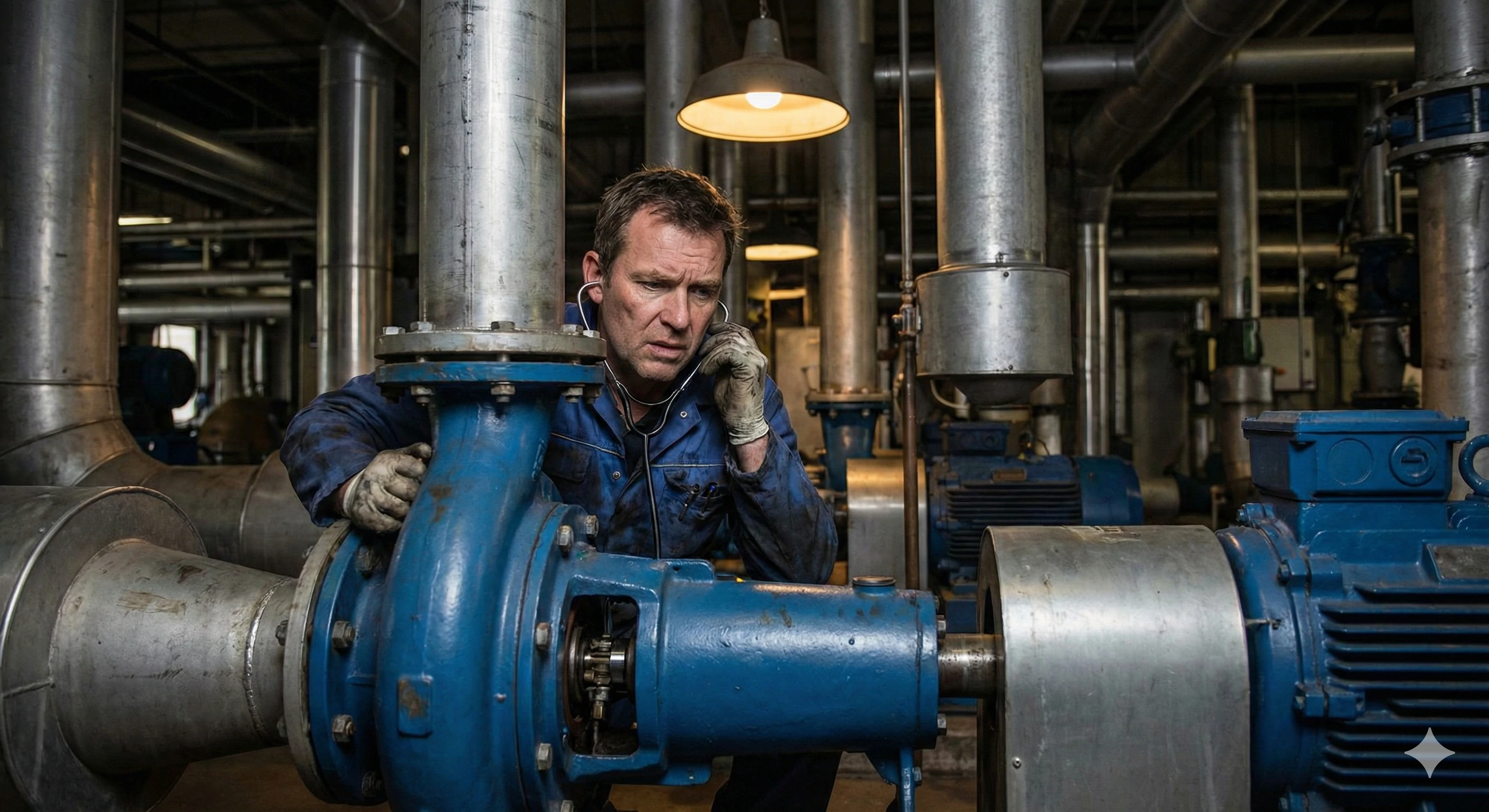 Ingénieur de maintenance écoutant les vibrations d'une pompe centrifuge à l'aide d'outils de diagnostic