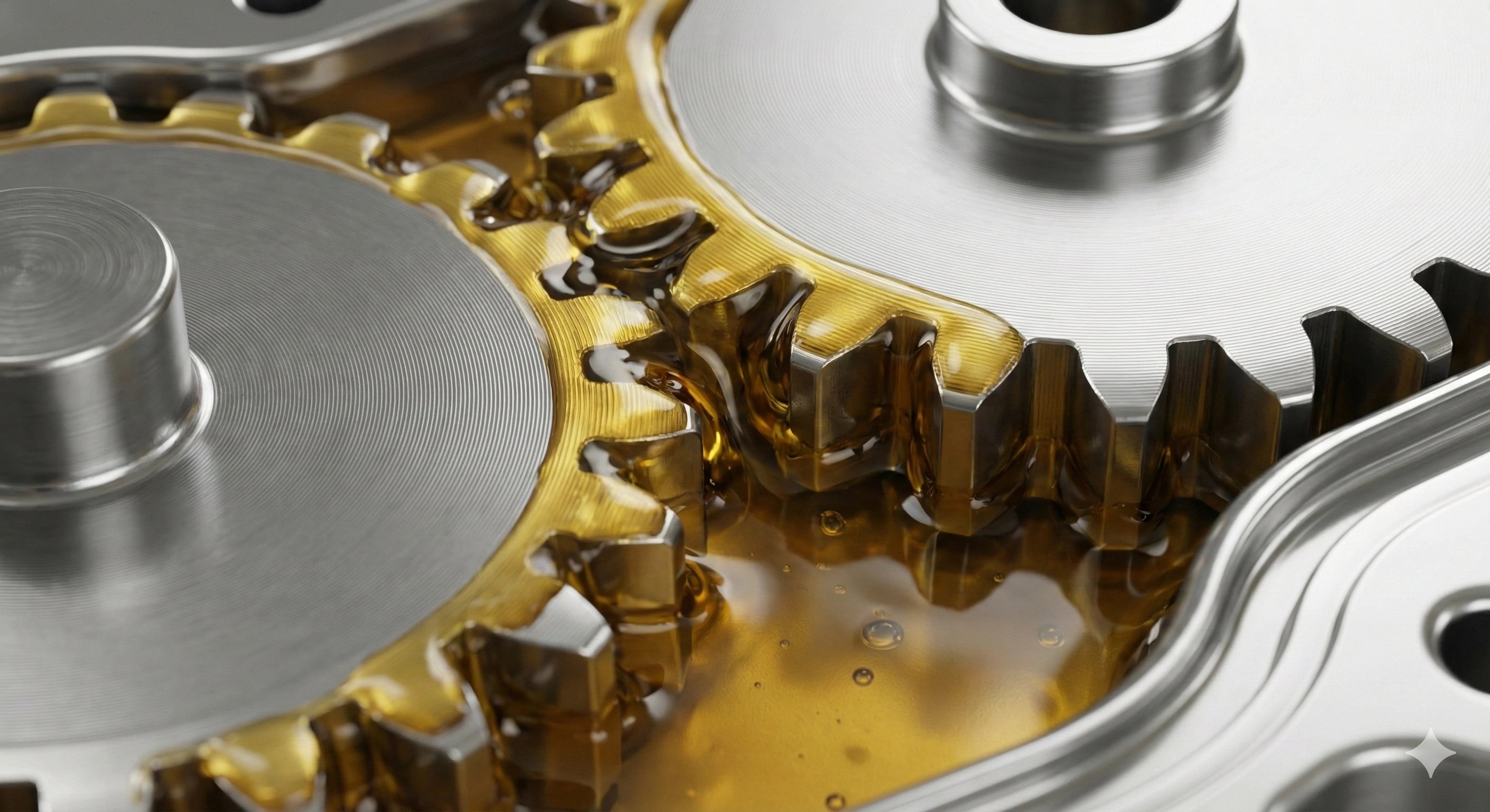 Close-up of lubricated industrial steel gears in motion