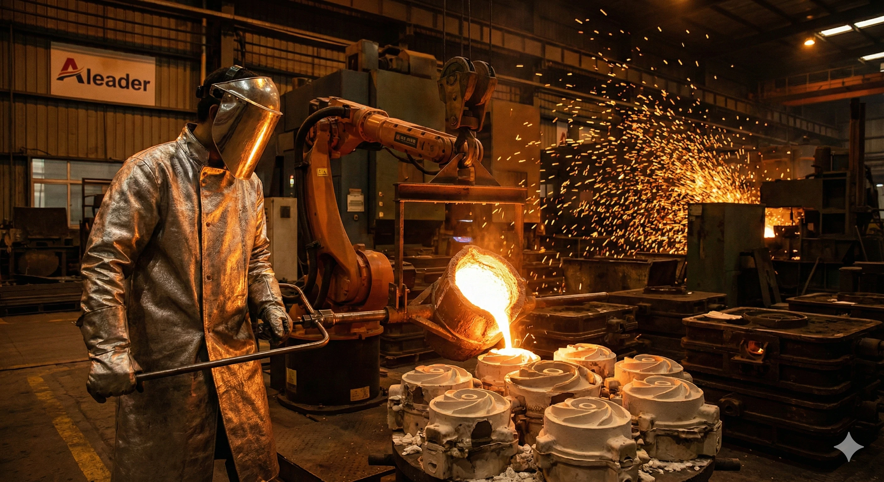 Ouvrier de fonderie versant du métal en fusion dans des moules de moulage à la cire perdue