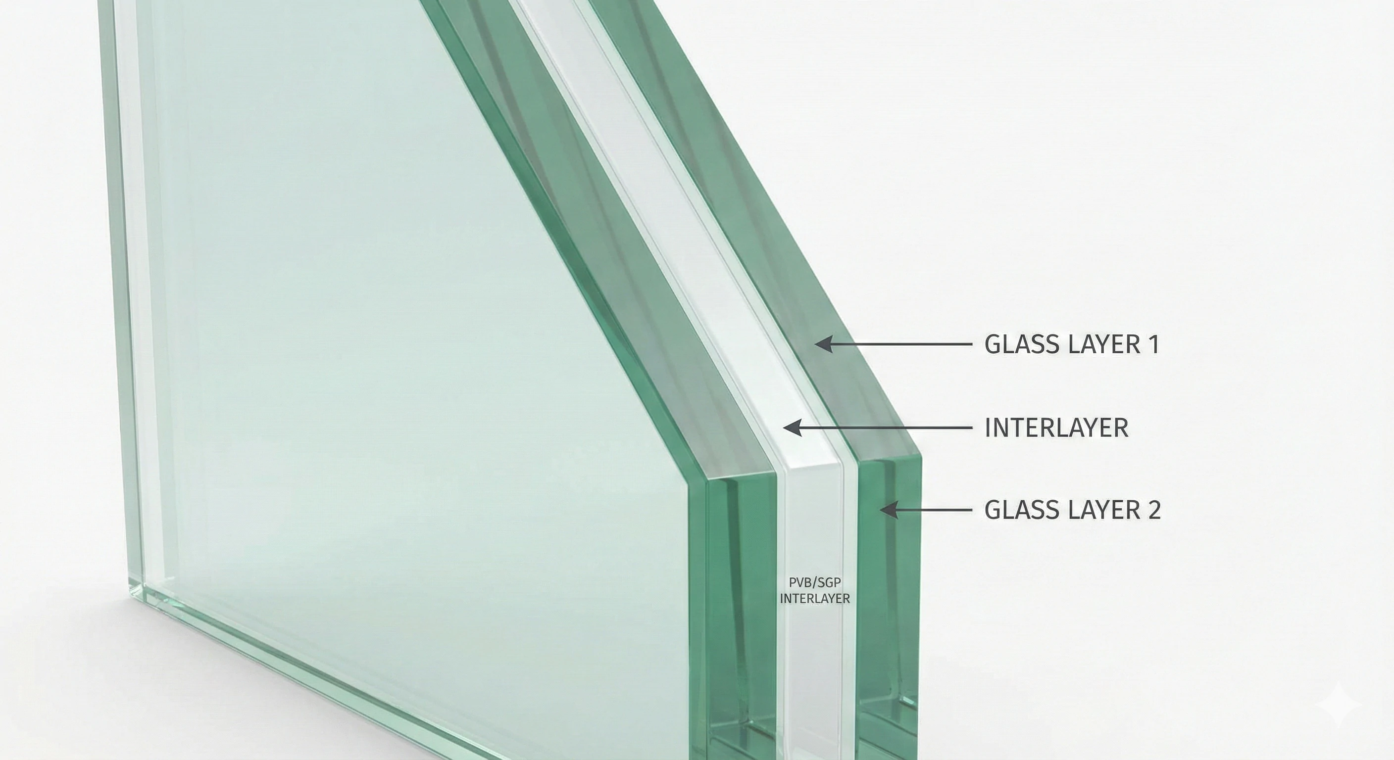 Coupe transversale d'un verre feuilleté montrant une couche intermédiaire durable en PVB ou SGP