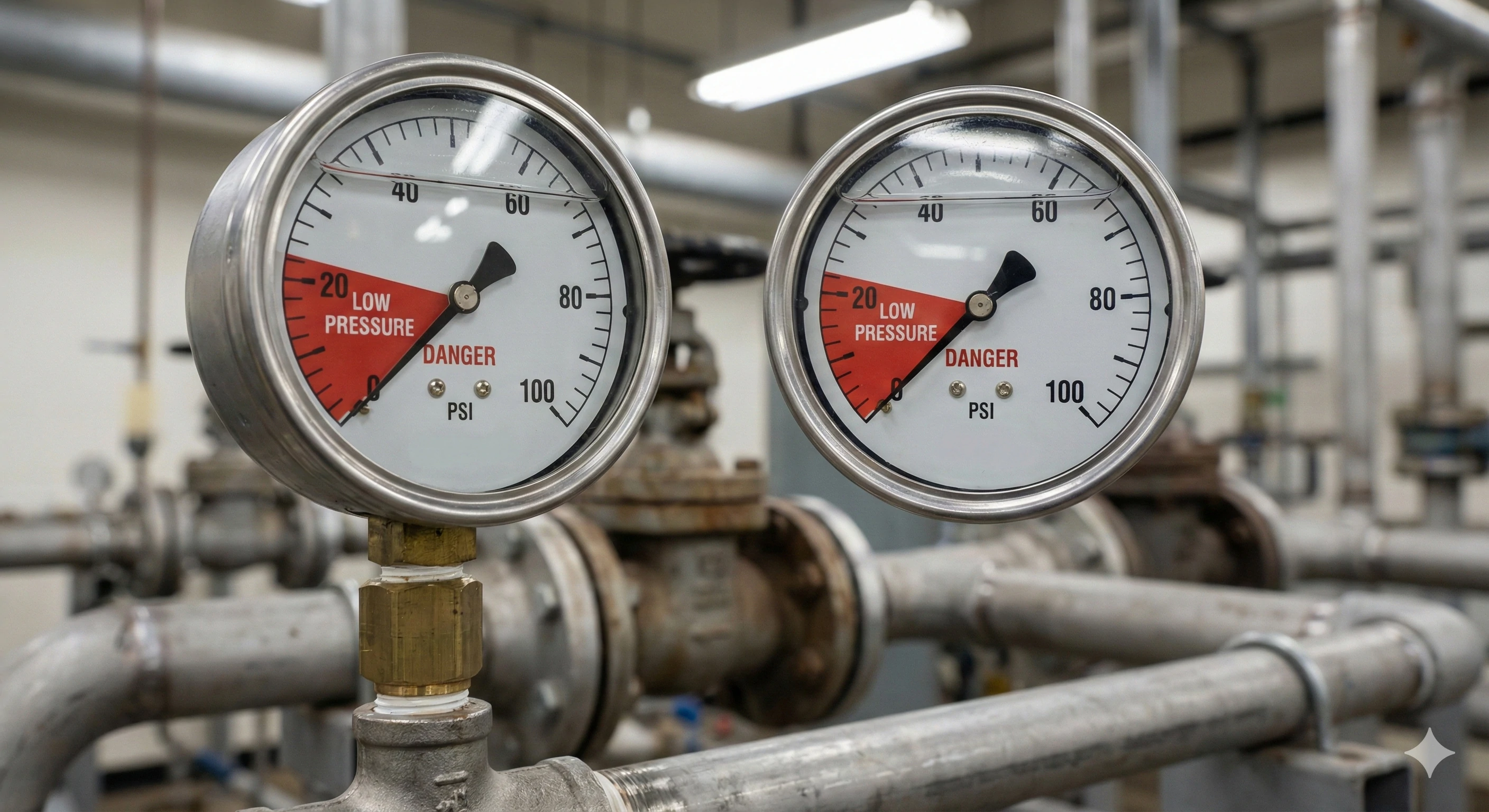 Manomètres indiquant des valeurs de pression faibles sur un réseau de canalisations industrielles