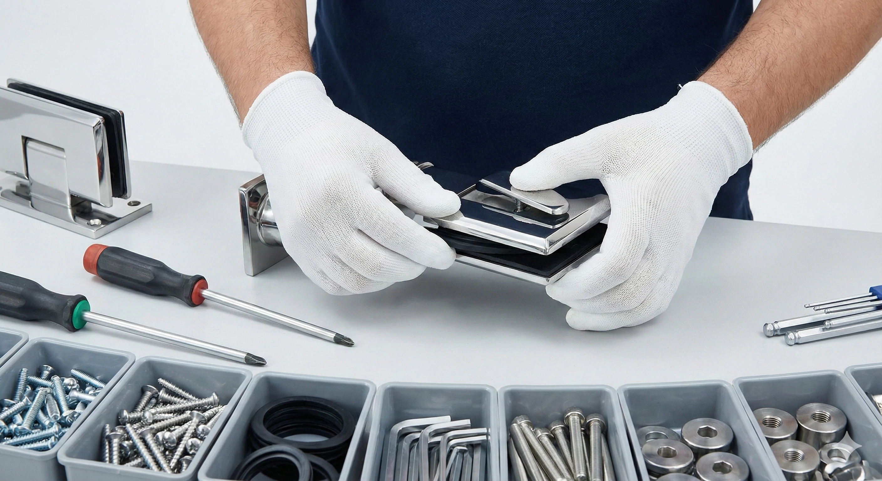 Technician assembling stainless steel glass door hinge with precision tools.