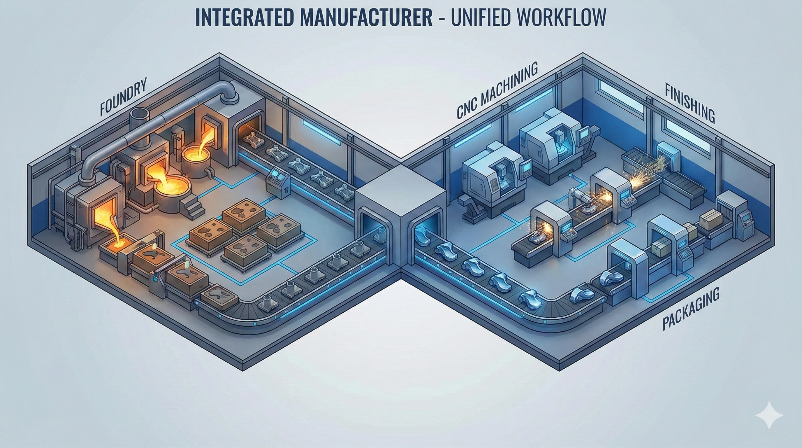 Integrated manufacturing workflow diagram from foundry to CNC machining.