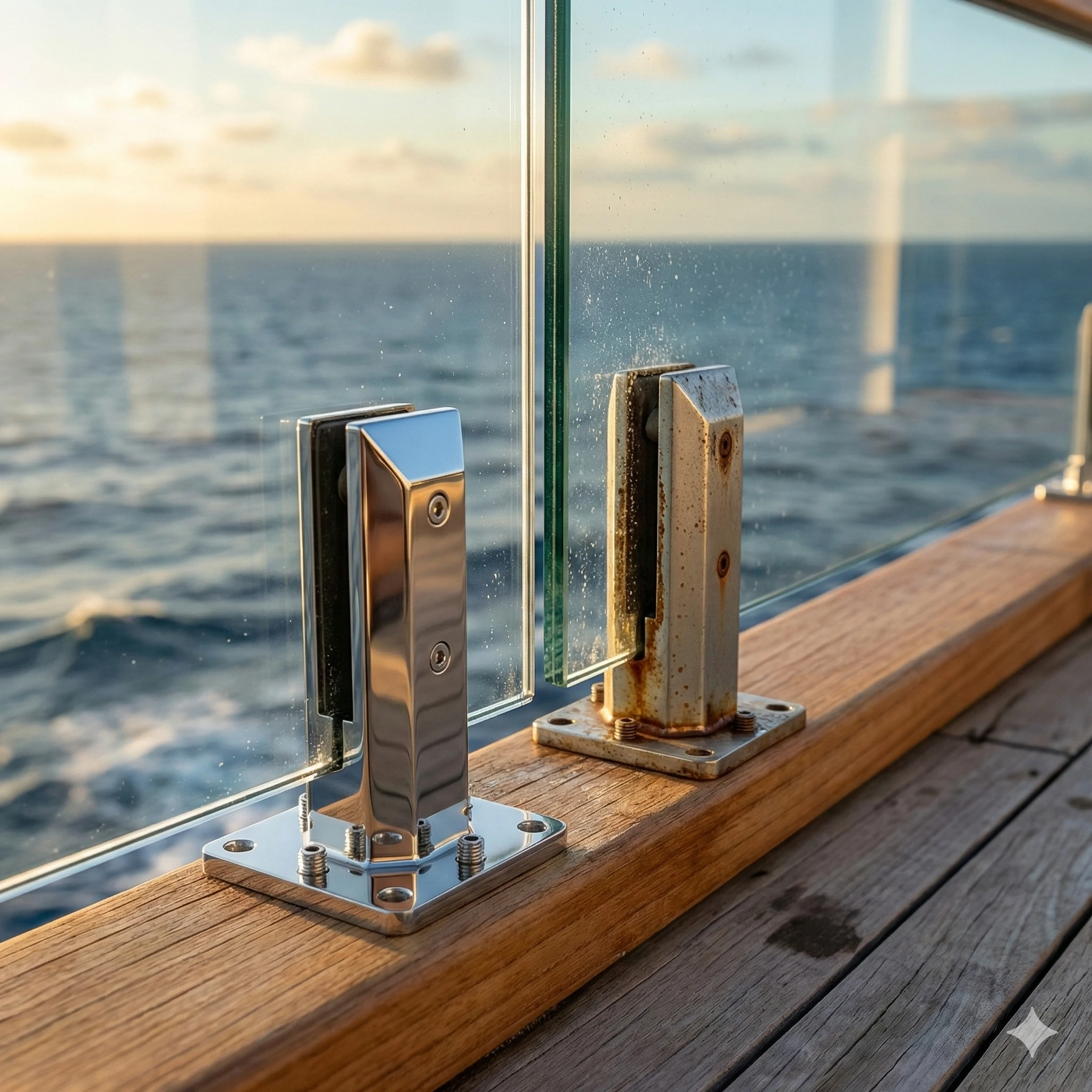 Corrosion-resistant stainless steel spigot comparison against rusted hardware by ocean