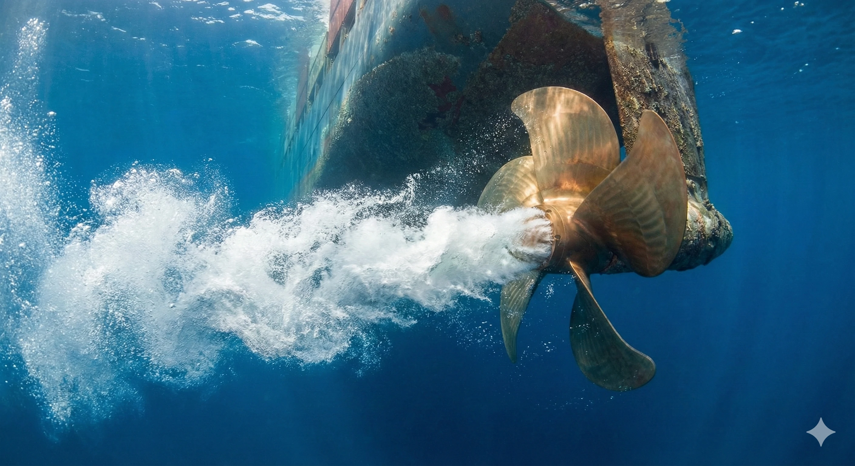 Grande hélice marine en bronze fonctionnant sous l'eau sur un navire de transport