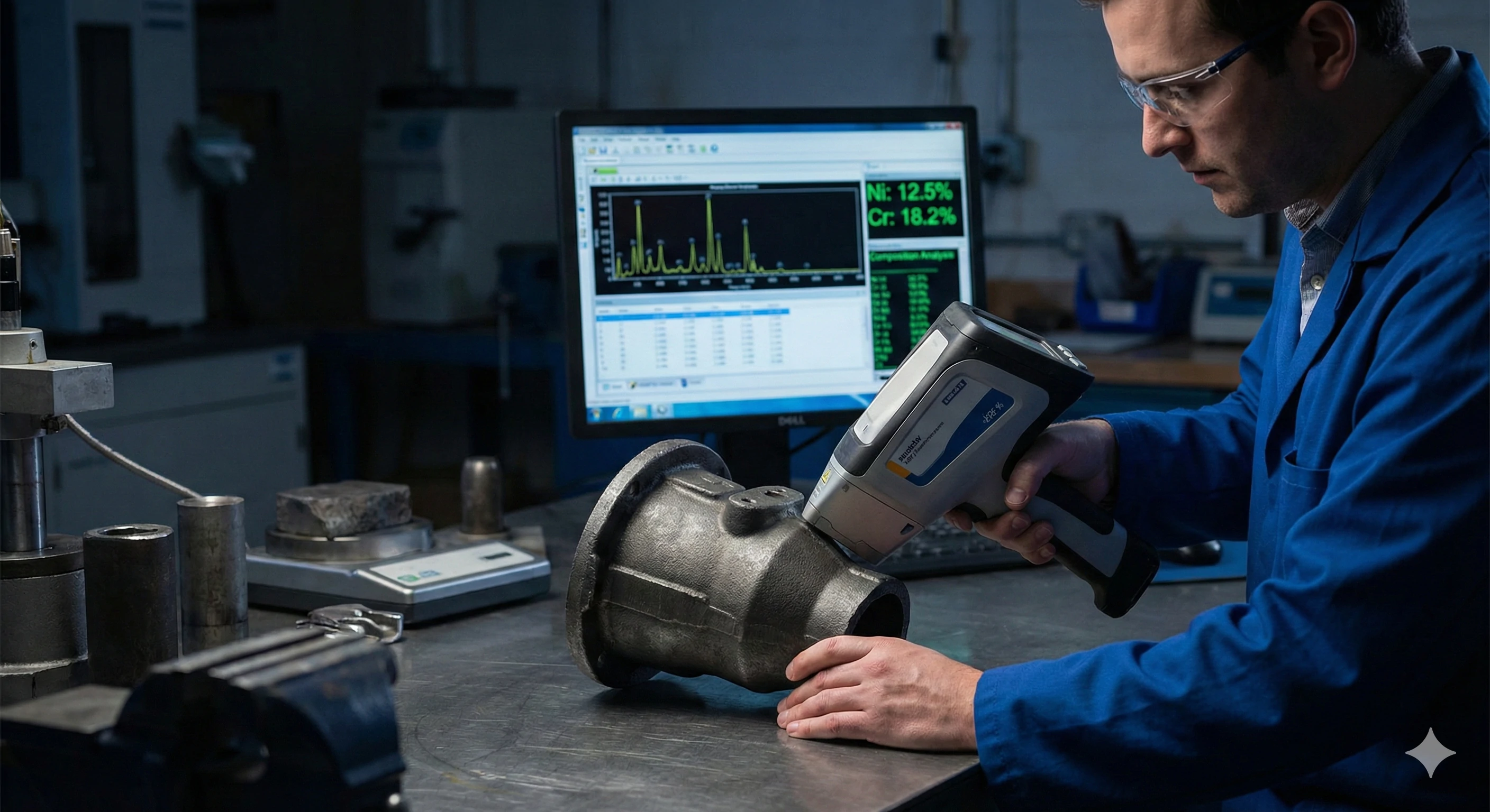 Technician testing stainless steel composition using XRF material analyzer.