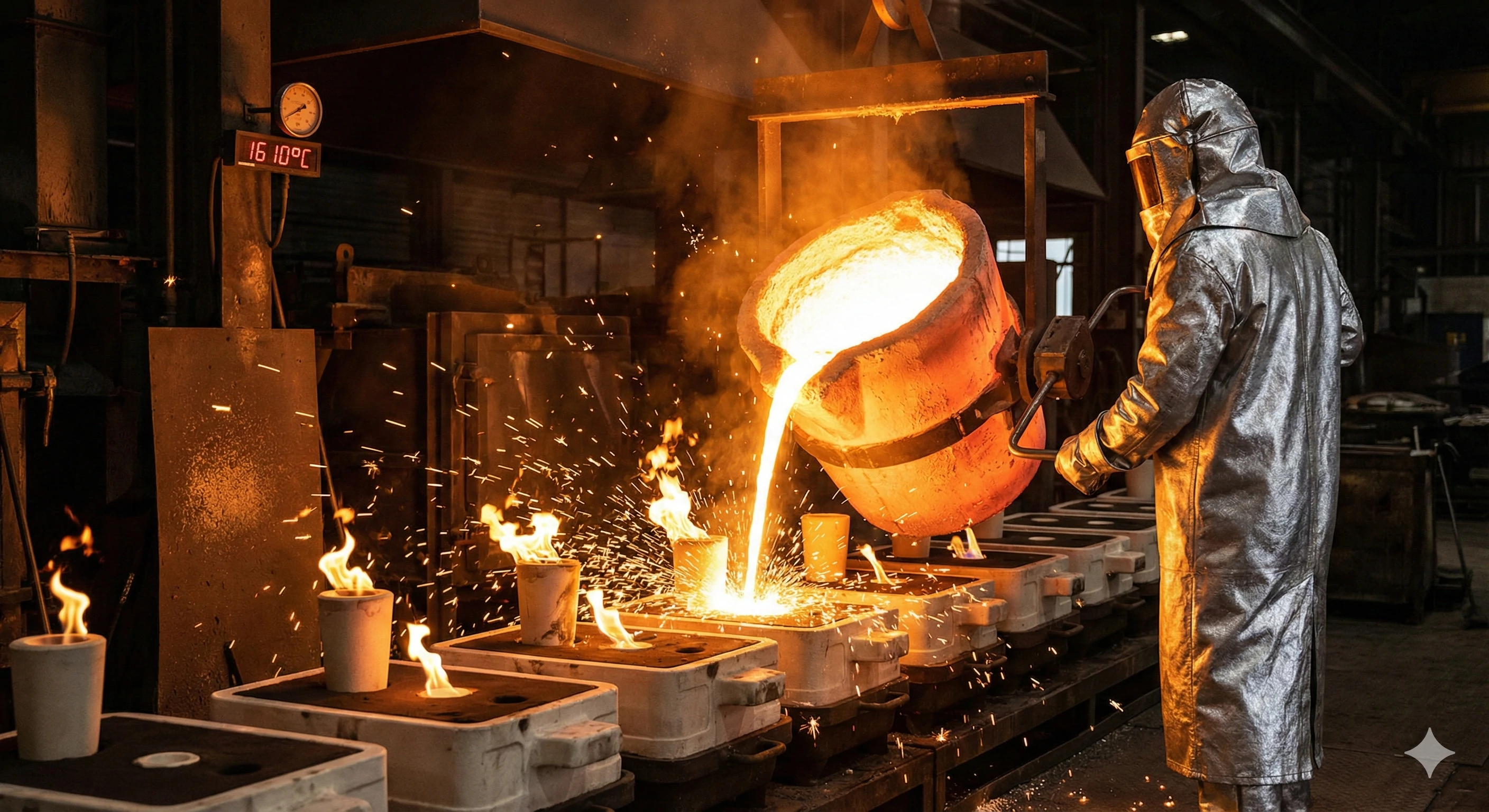 Pouring molten stainless steel into molds for glass fittings