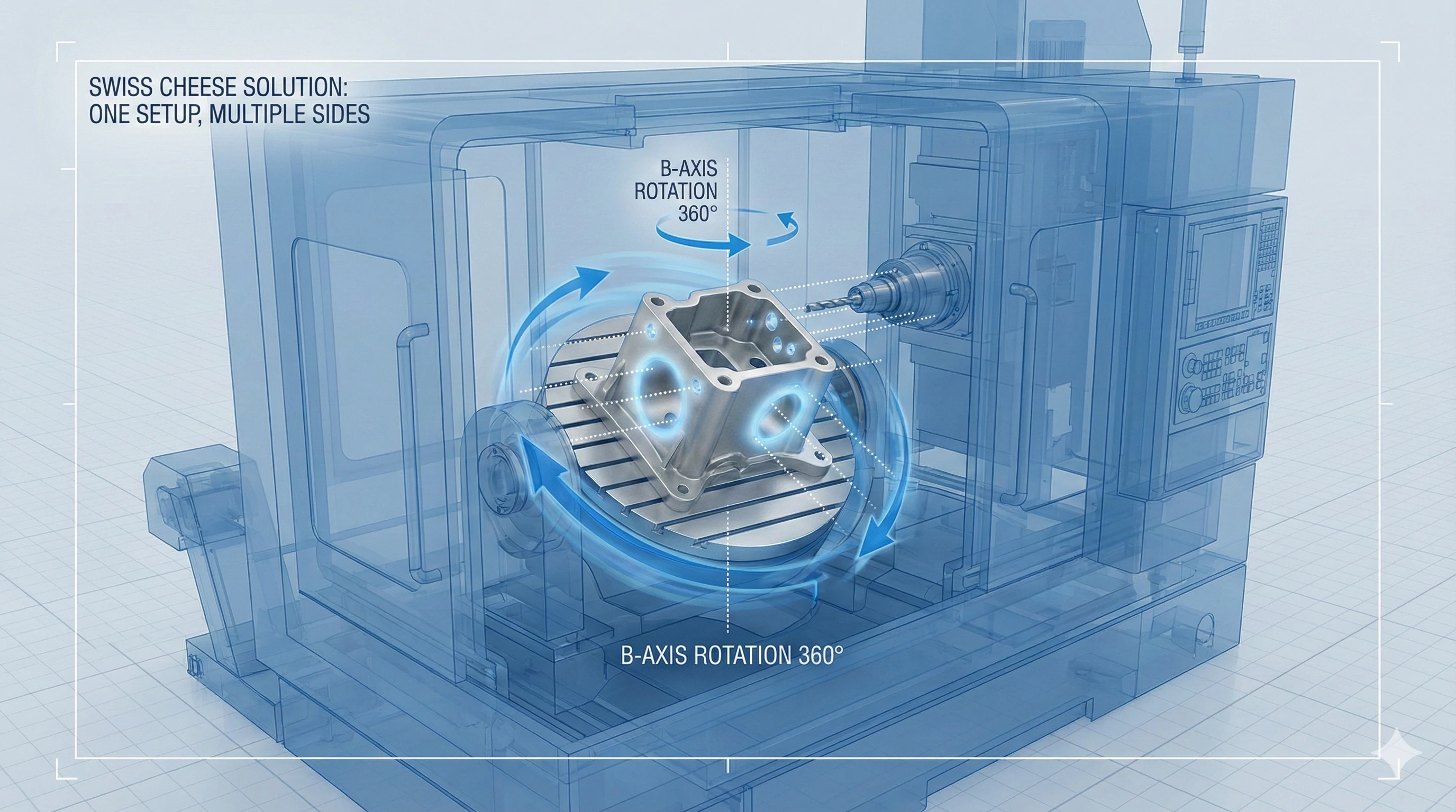 Multi-side machining setup with B-axis rotation for complex parts