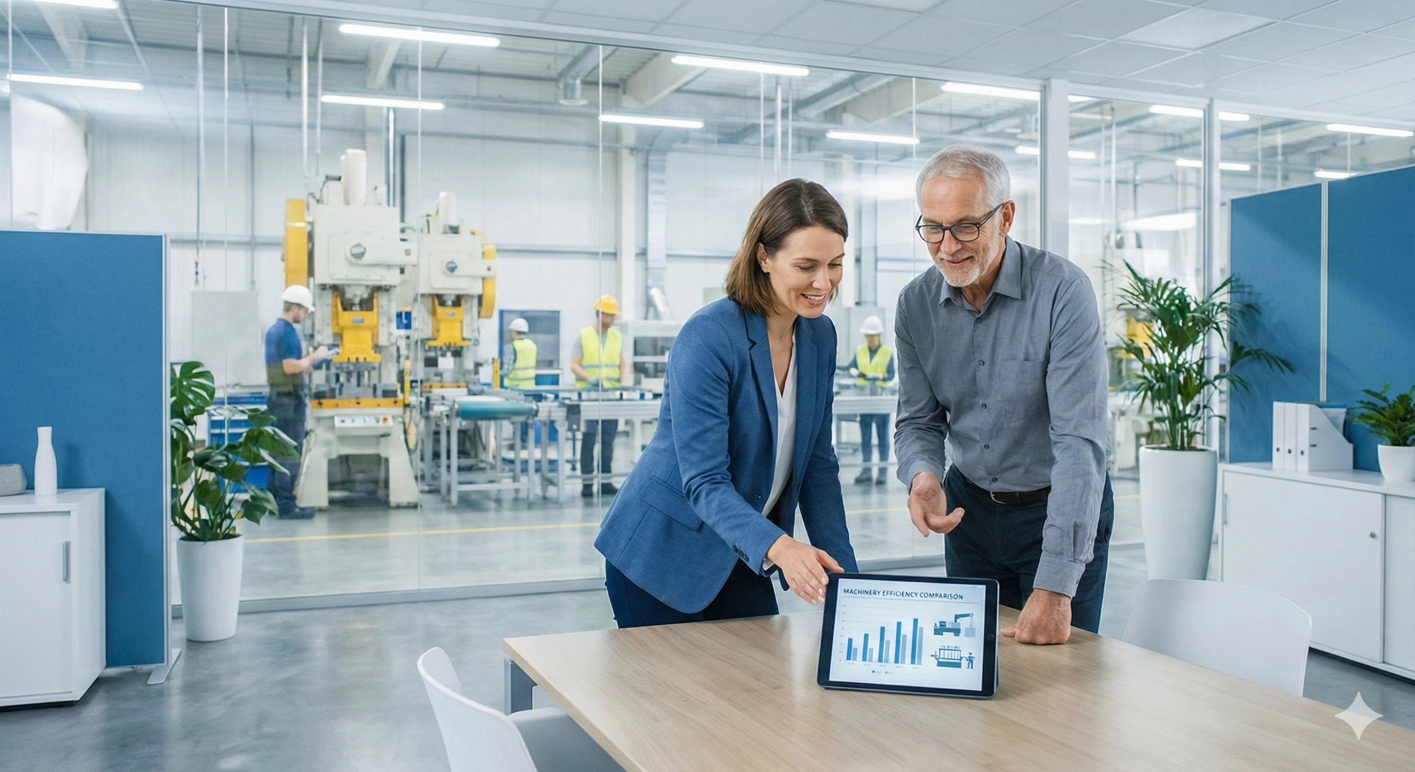 Team discussing OEM glass hardware quality control in modern factory