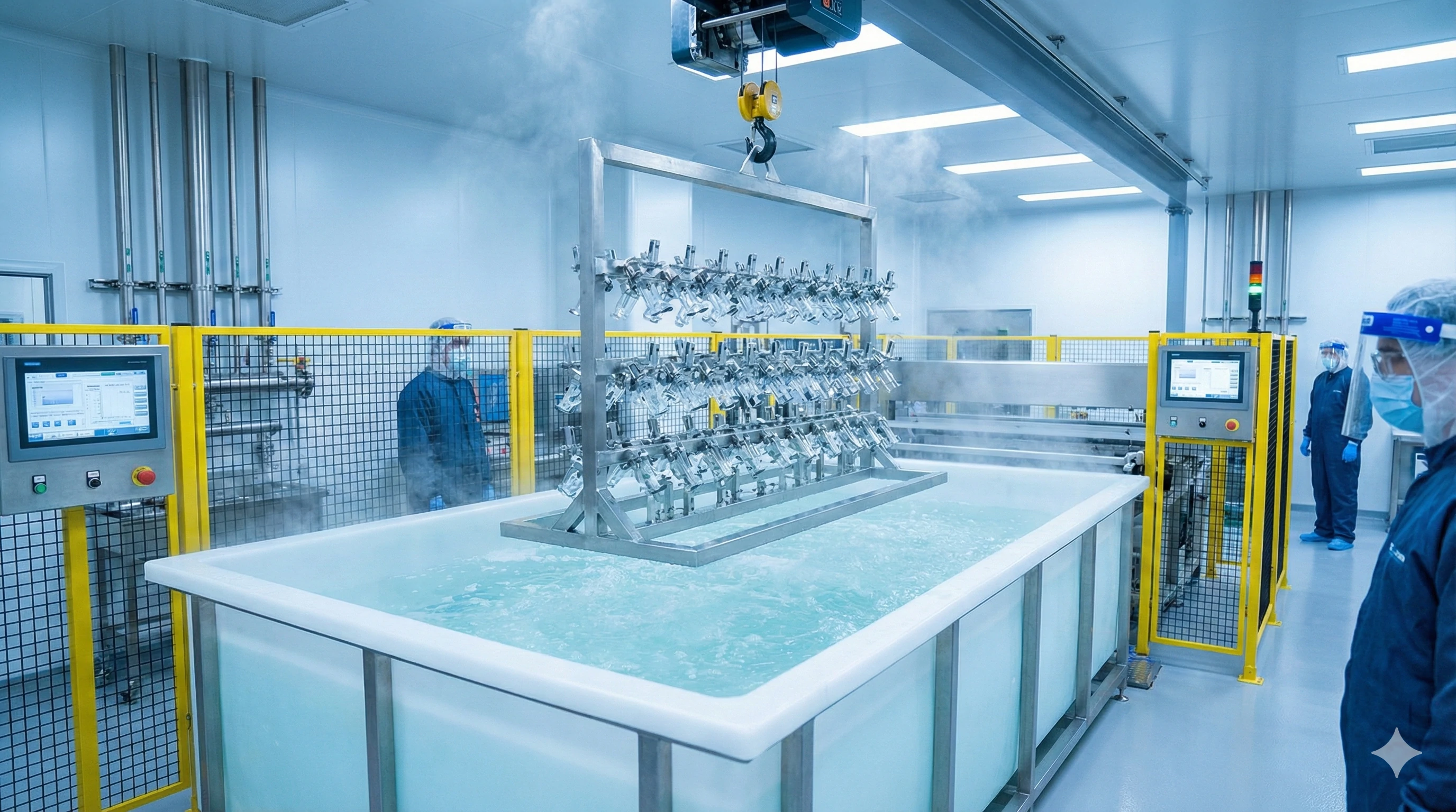 Industrial passivation tank treating stainless steel spigots for maximum durability