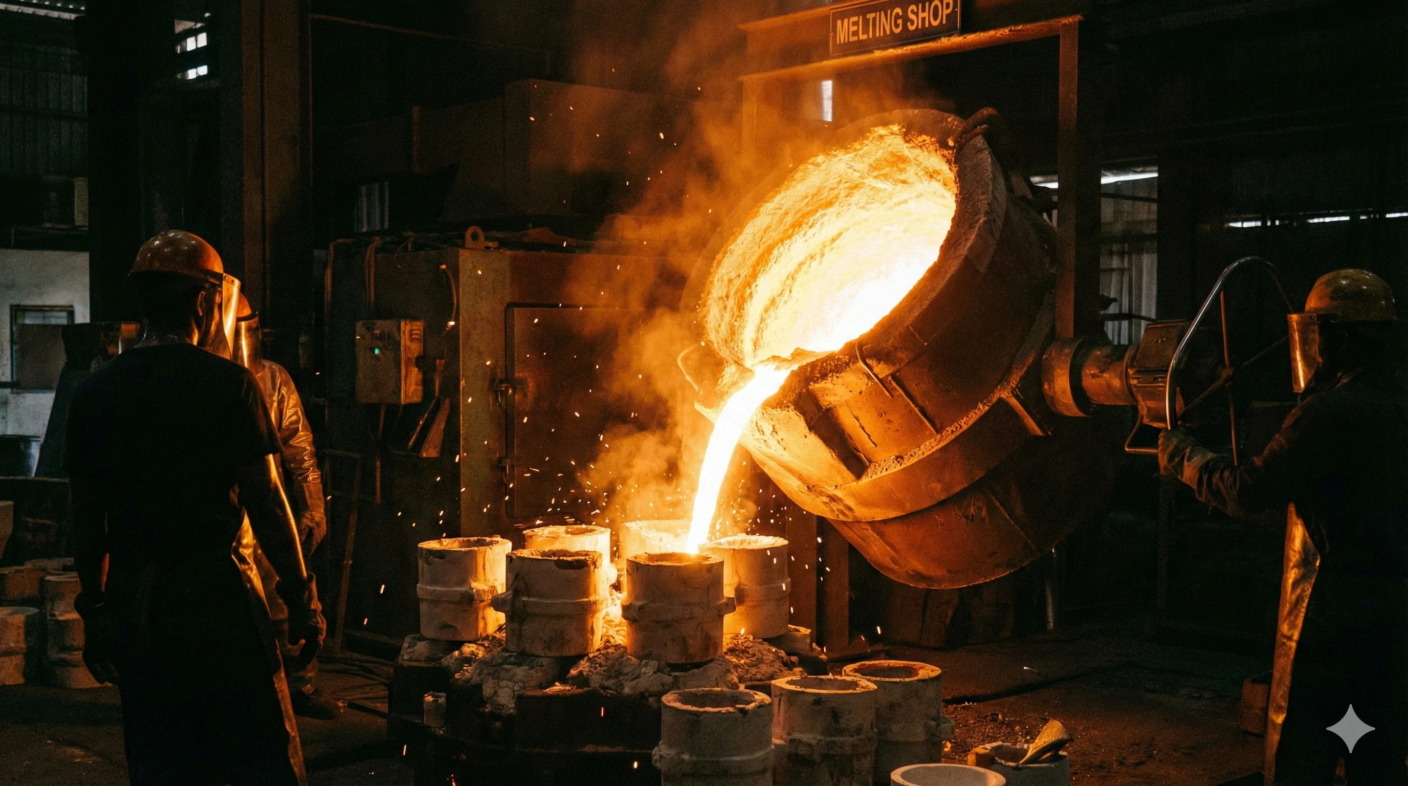 Coulée d'acier inoxydable fondu dans une fonderie pour le moulage de quincaillerie en verre
