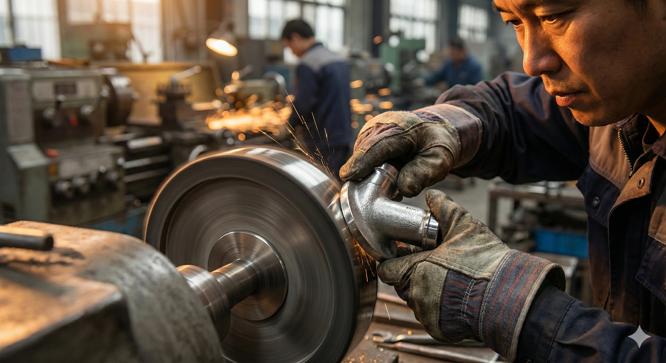 Factory worker grinding stainless steel glass hardware for smooth surface finish