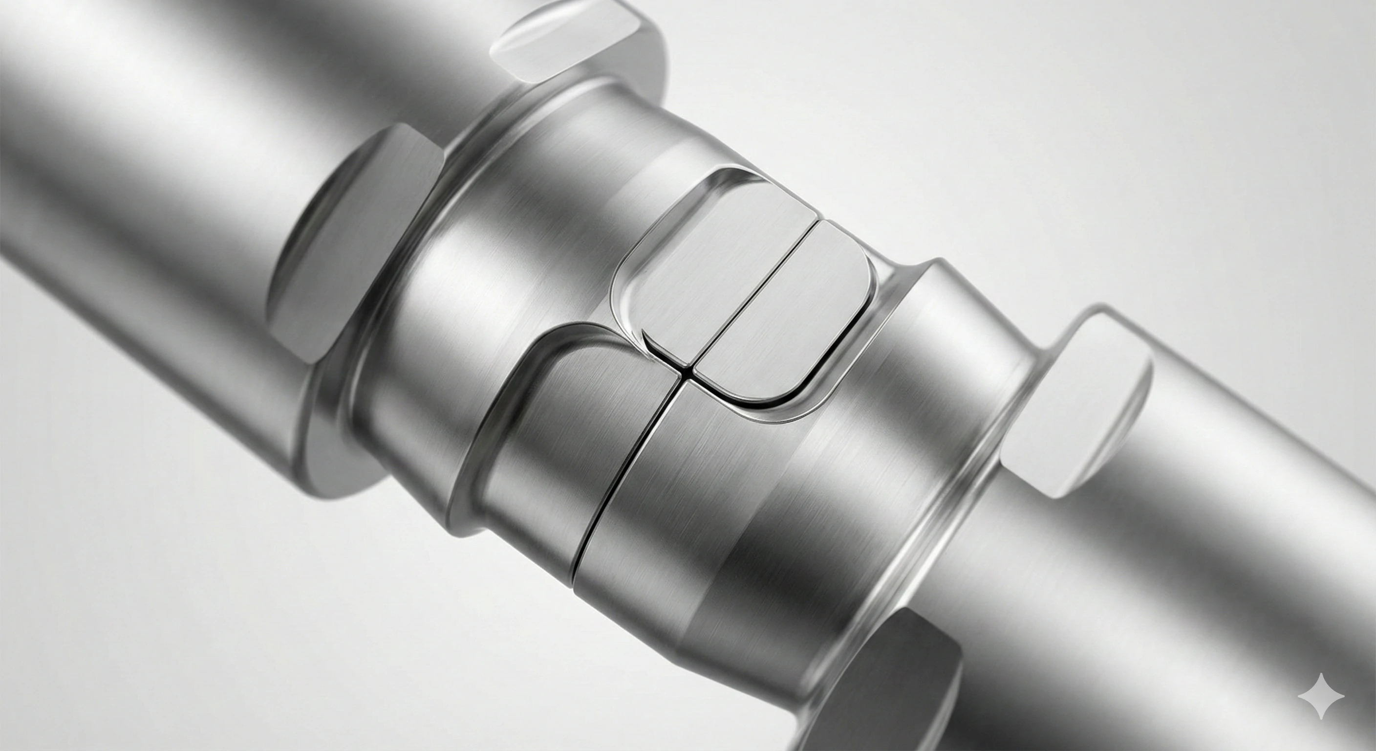 Macro view of precision machined stainless steel glass fitting details.