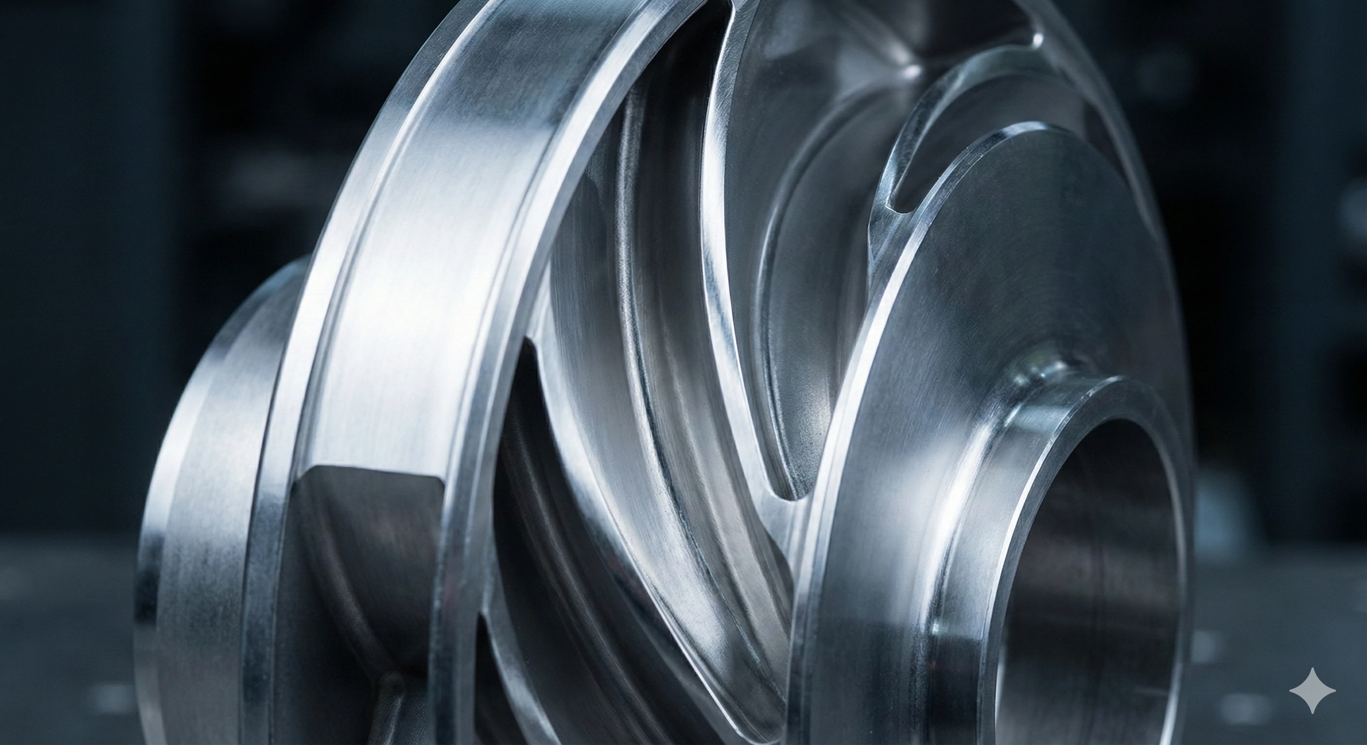 Close-up of a precision-engineered stainless steel closed impeller for high-efficiency pumps.