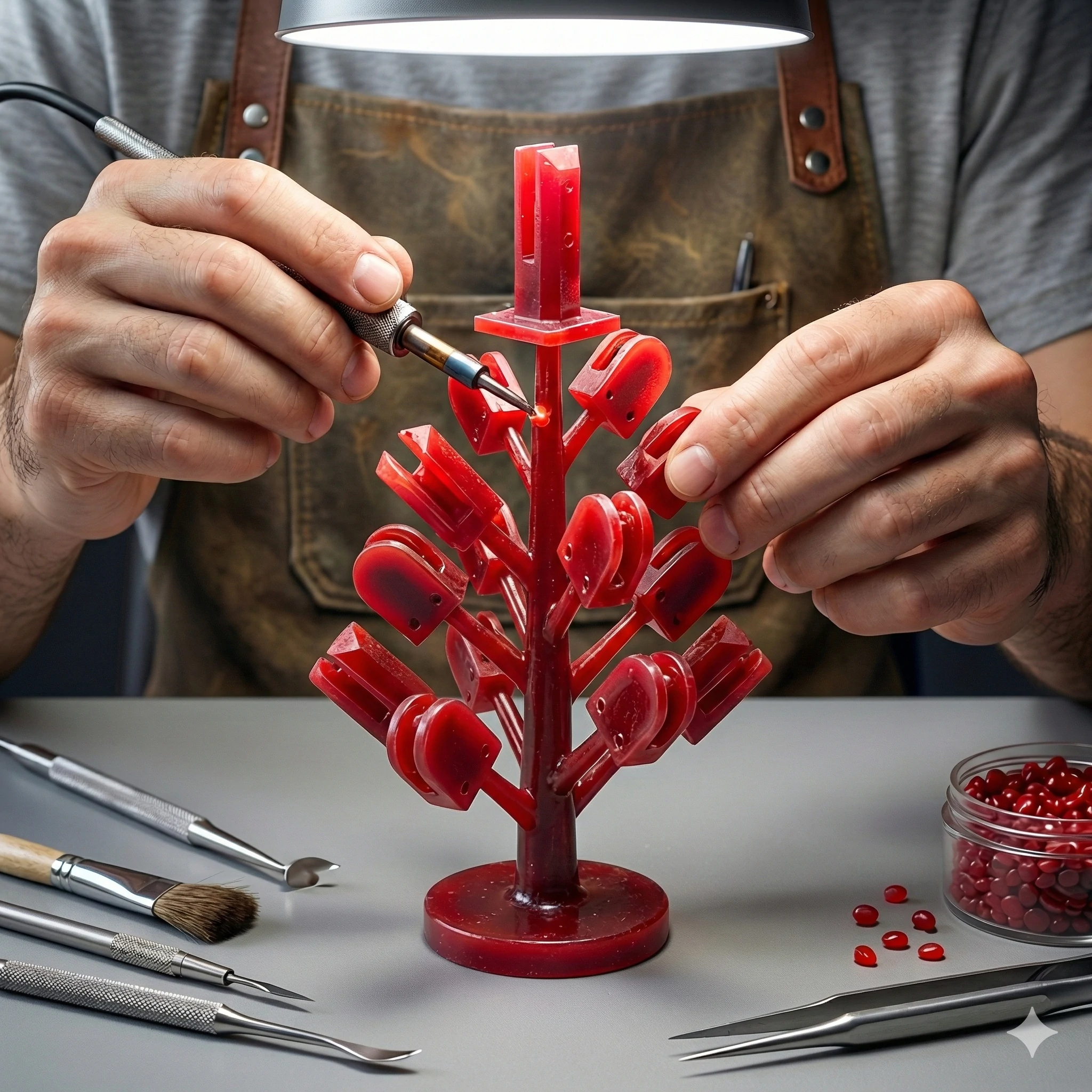 Technicien assemblant un arbre en cire pour un processus de moulage de précision