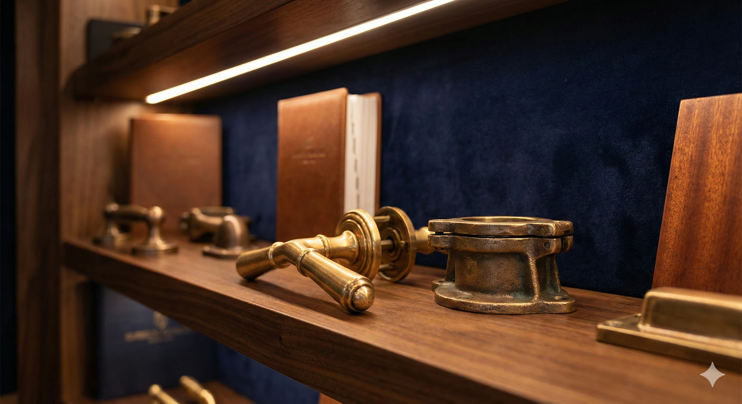 Luxury brass hardware fittings and handles displayed on showroom shelves for interior design