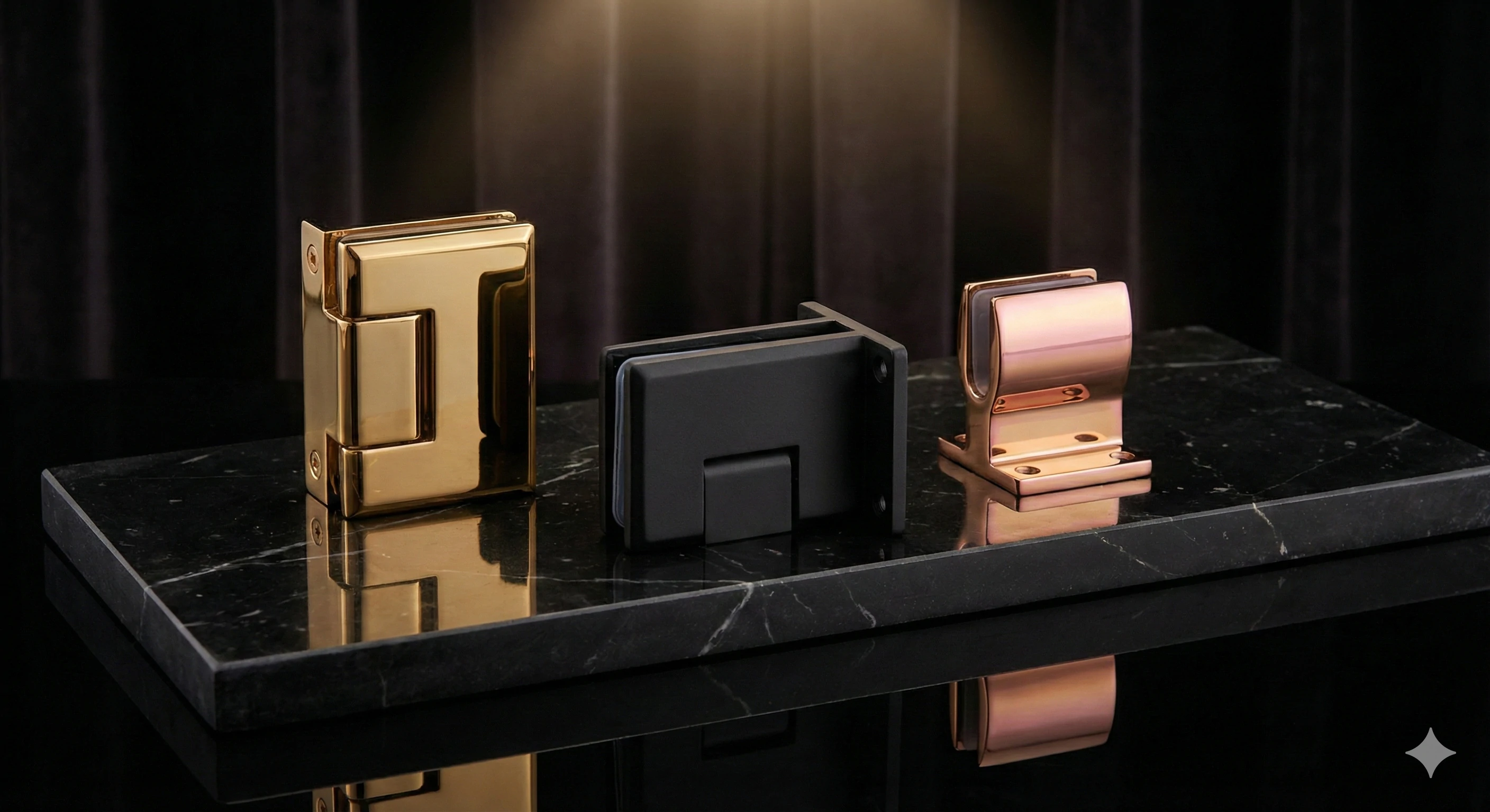Aleader glass shower hinges in gold, matte black, and rose gold.