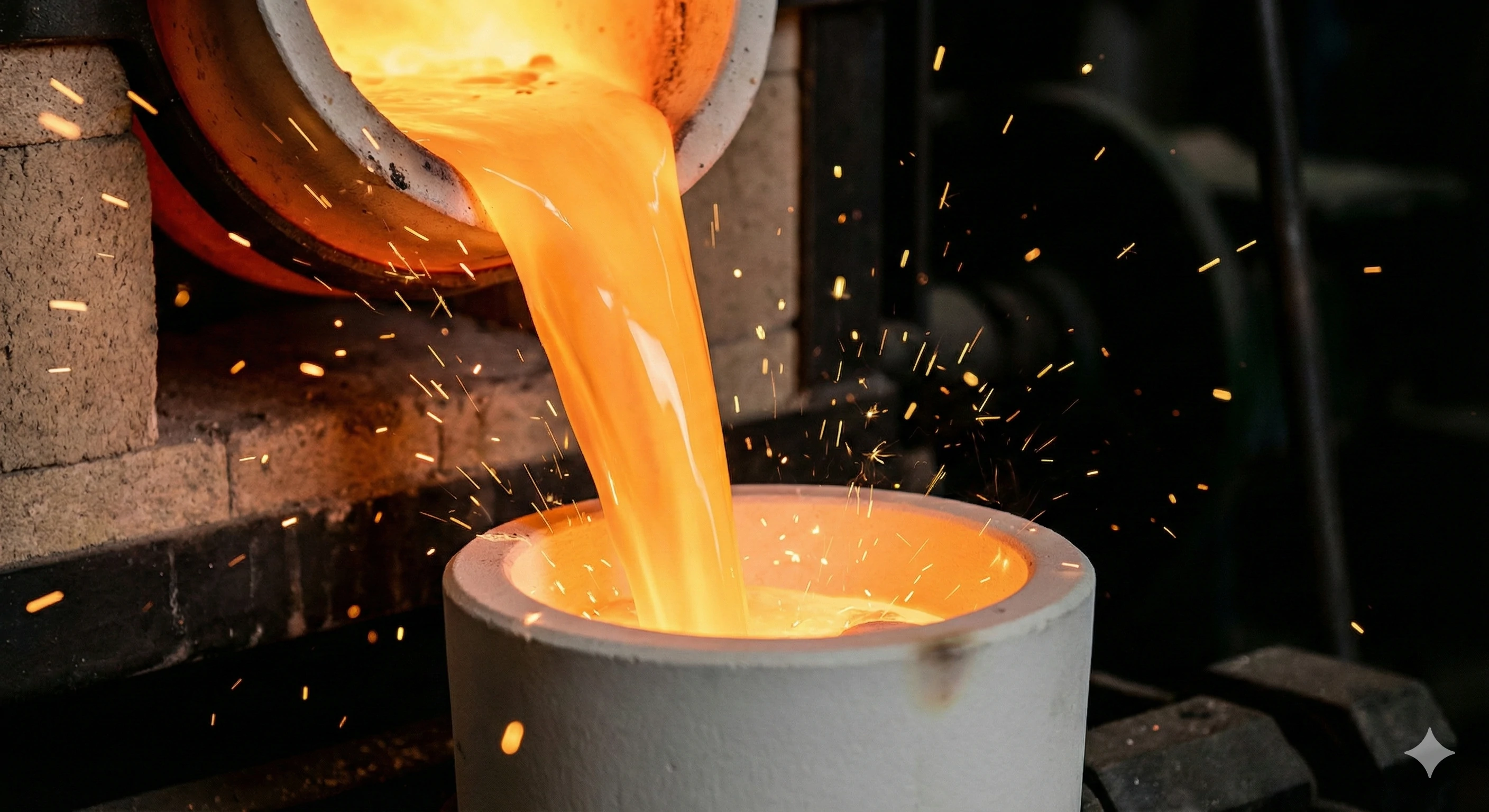 Molten metal pouring into molds during precision casting process