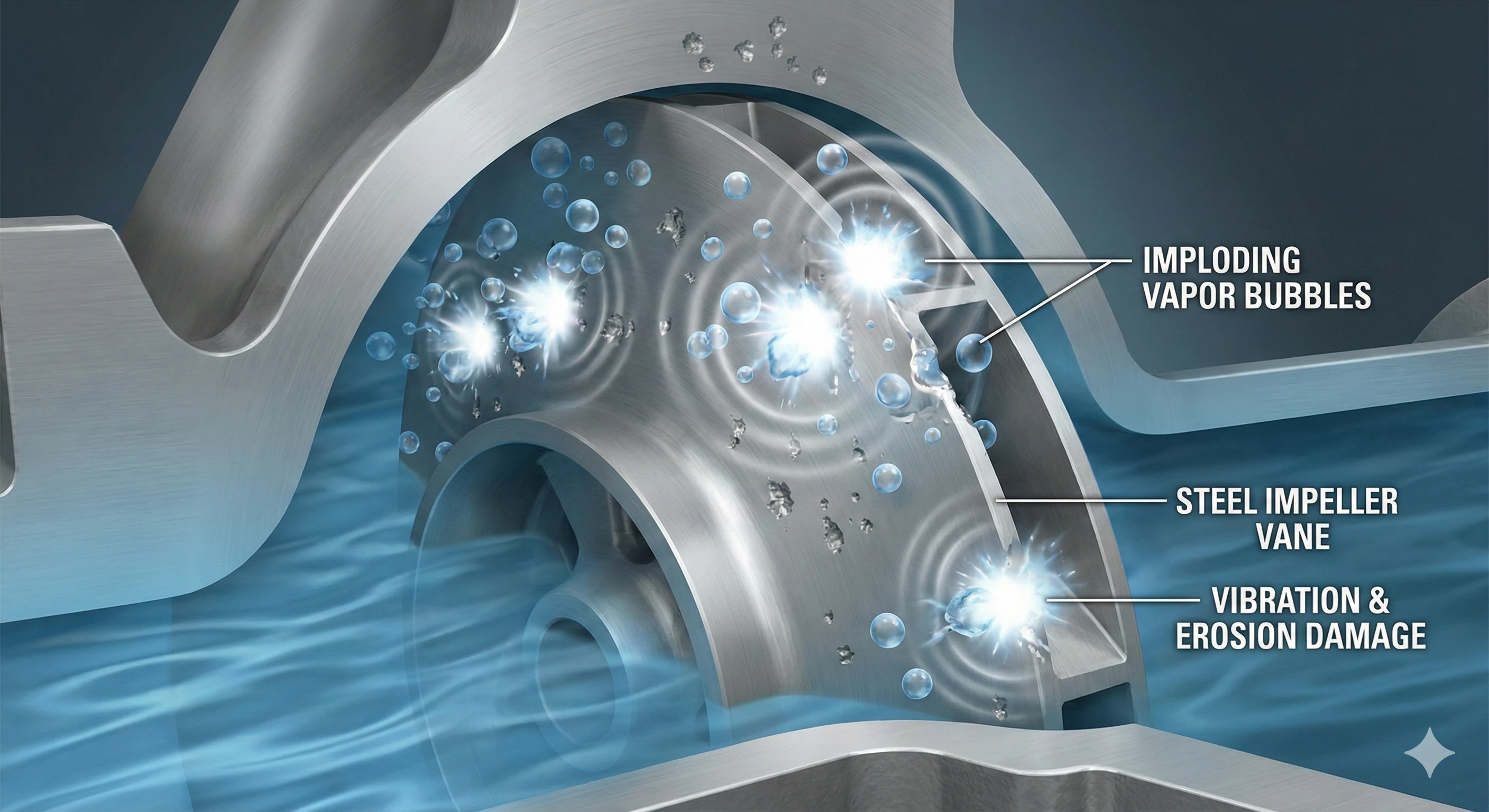 Illustration des bulles de cavitation provoquant l'érosion des aubes de la roue en acier