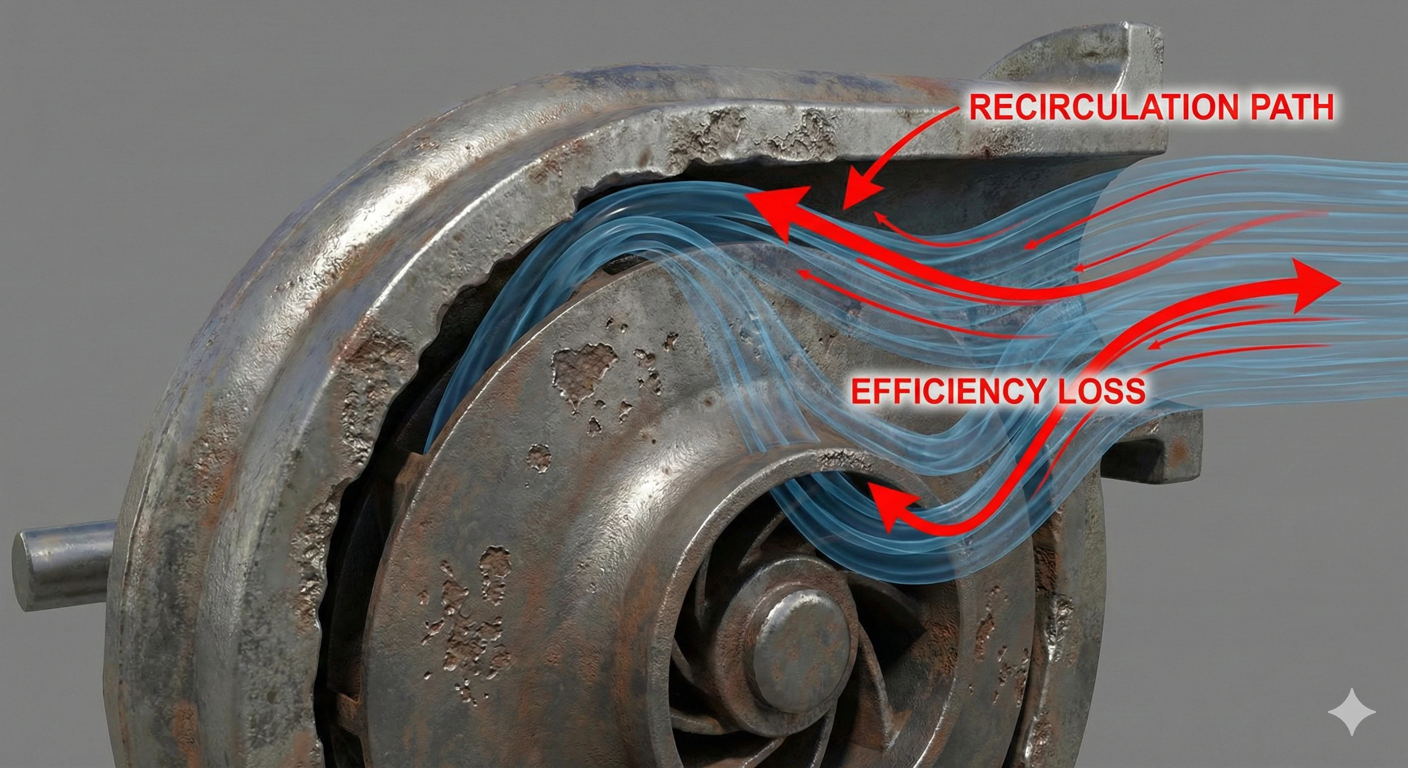 Coupe transversale d'une pompe centrifuge révélant la recirculation interne et la perte d'efficacité