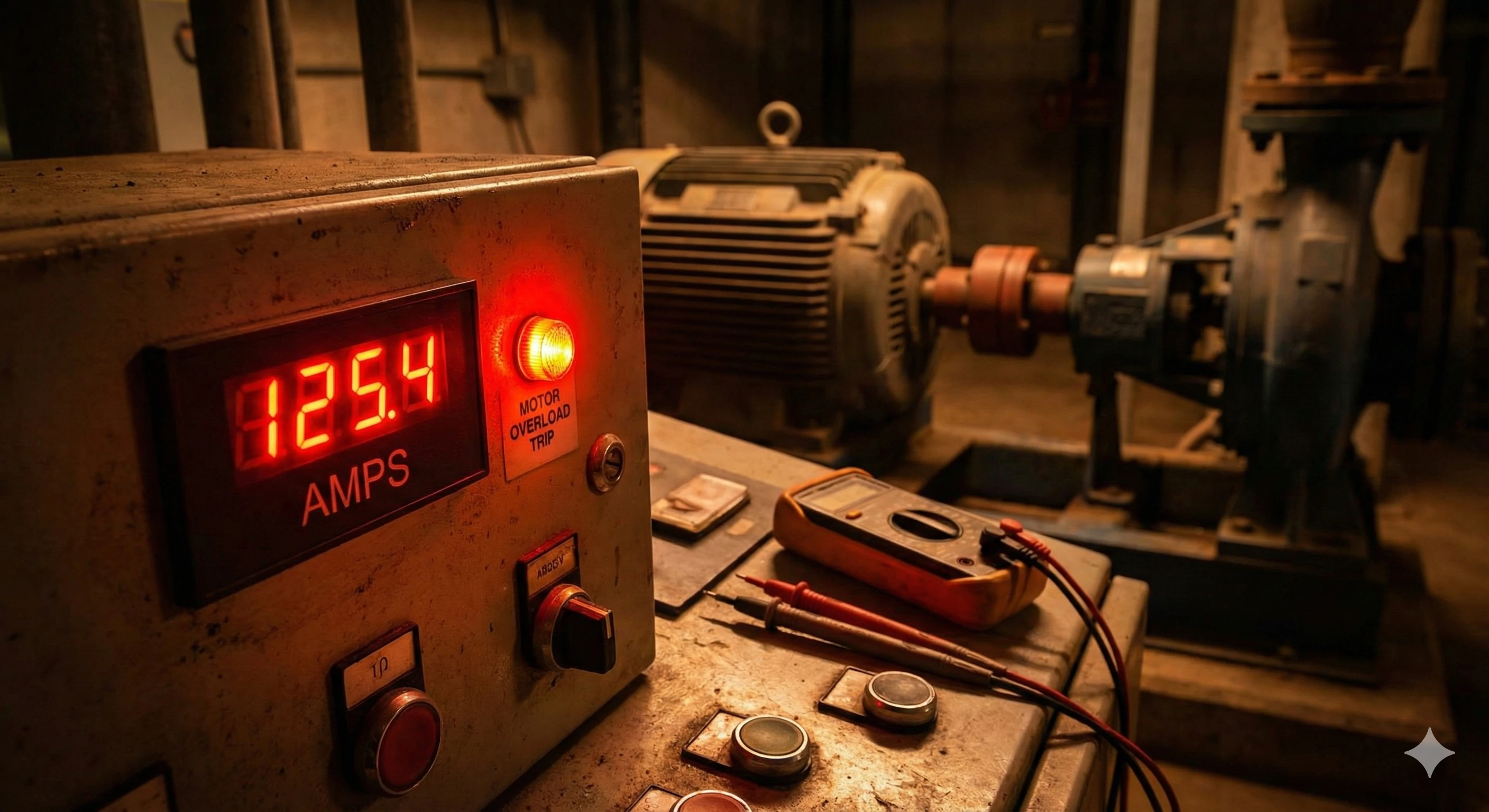 Panneau de commande affichant un ampérage élevé et un voyant d'avertissement de surcharge du moteur